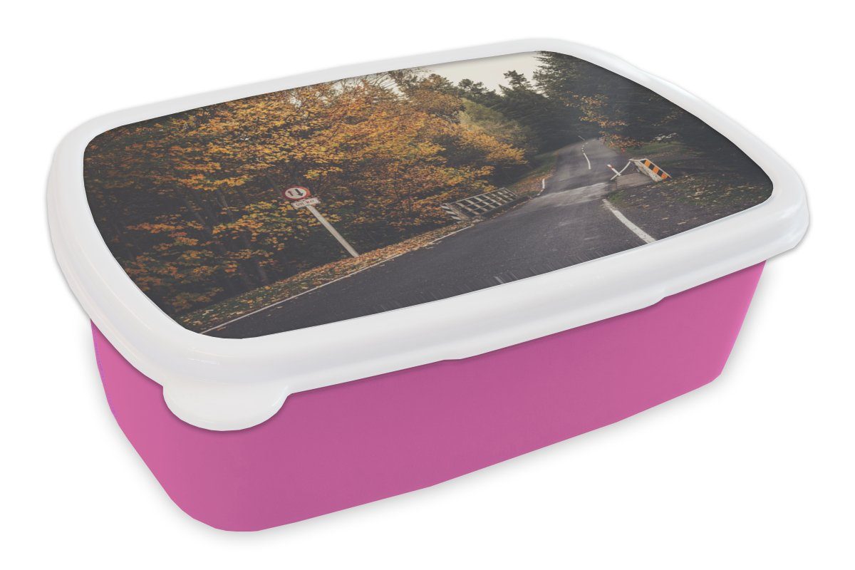 MuchoWow Lunchbox Bäume - Straße - Herbst, Kunststoff, (2-tlg), Brotbox für Erwachsene, Brotdose Kinder, Snackbox, Mädchen, Kunststoff rosa