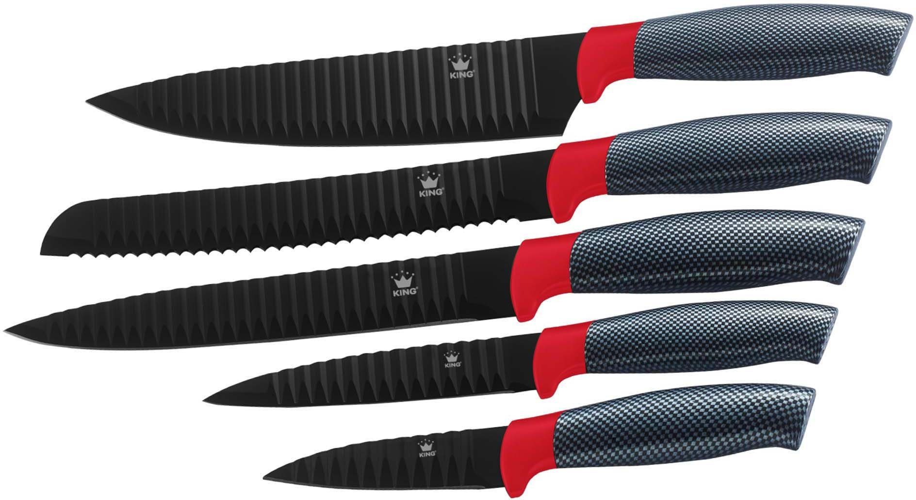 KING Pfannen-Set Shine Red, Aluminiumguss (Set, 3-tlg., je 1 Bratpfanne Ø 20/24/28 cm, H: 5/5,5/6 cm, - 1/1,9/2,5 l), Induktion, mit 6-teiligem Messerblock