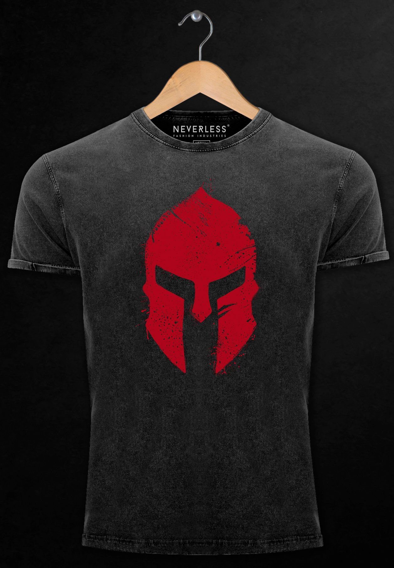 Herren schwarz-rot Sparta-Helm mit Neverless Krieger Print-Shirt Shirt Vintage Warr Aufdruck Gladiator Print Print