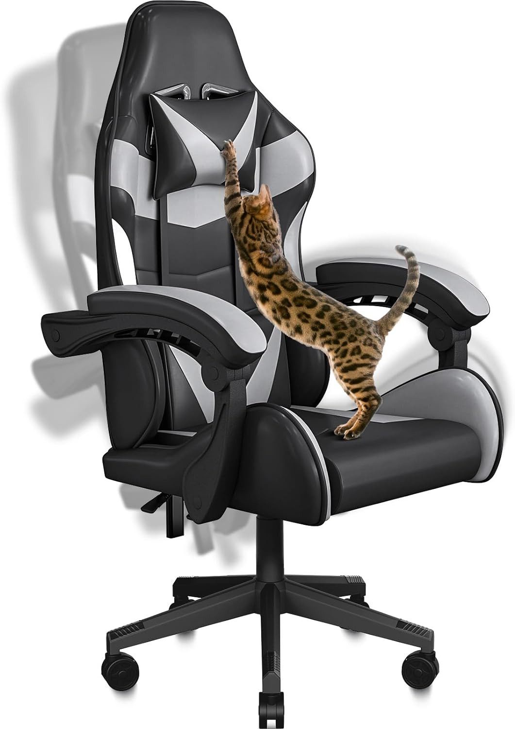 BASETBL Bürostuhl Ergonomischer Gaming-Stuhl mit abnehmbarer Kopfstütze & Lendenkissen, aus PU Leder, Neigungswinkel von 90° bis 135°, bis 150kg belastbar