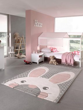 Kinderteppich Pastel Kids, merinos, rechteckig, Höhe: 13 mm, Hasen Motiv, handgearbeiteter Konturenschnitt, Kinderzimmer