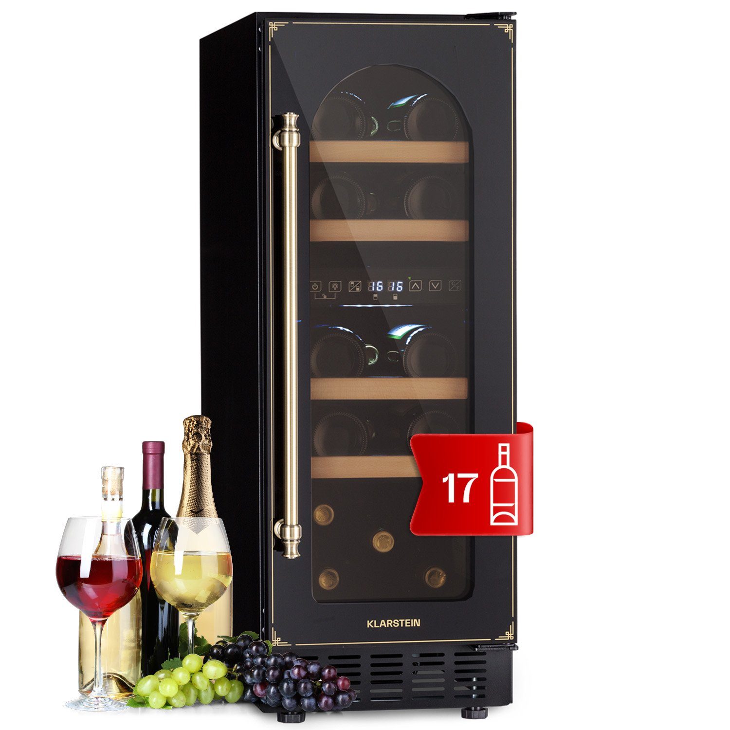 Klarstein Weinkühlschrank Vinovilla 17 Built-in Duo Vilhelmine Edition, für 17 Standardflaschen á 0,75l,Wein Flaschenkühlschrank Weintemperierschrank Weinschrank Kühlschrank Schwarz / Antik-Gold-Metallic | Schwarz/Antik-Gold-Metallic