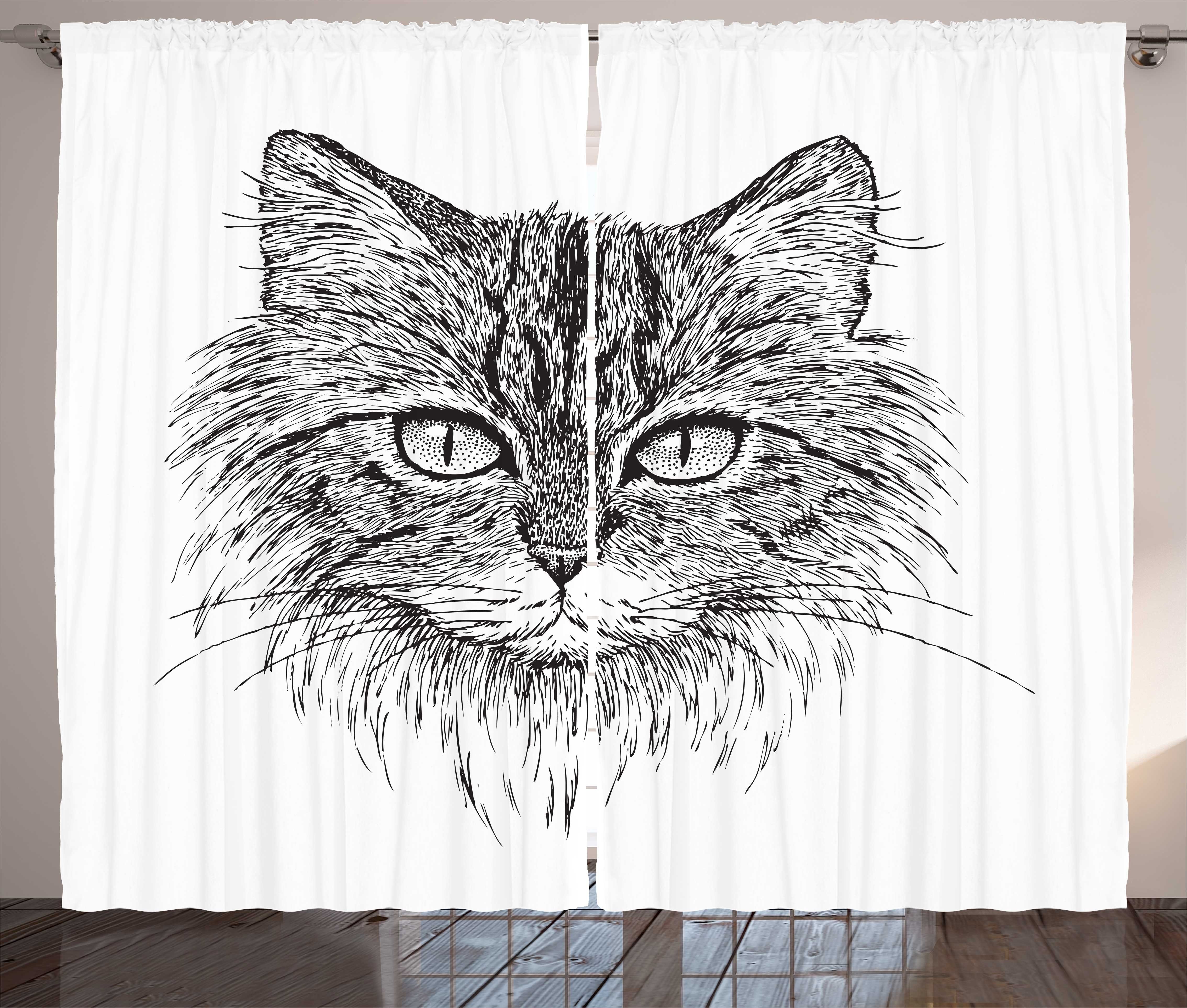 Gardine Schlafzimmer Kräuselband Vorhang mit Schlaufen und Haken, Abakuhaus, Katze Charcoal Technik Tierkunst