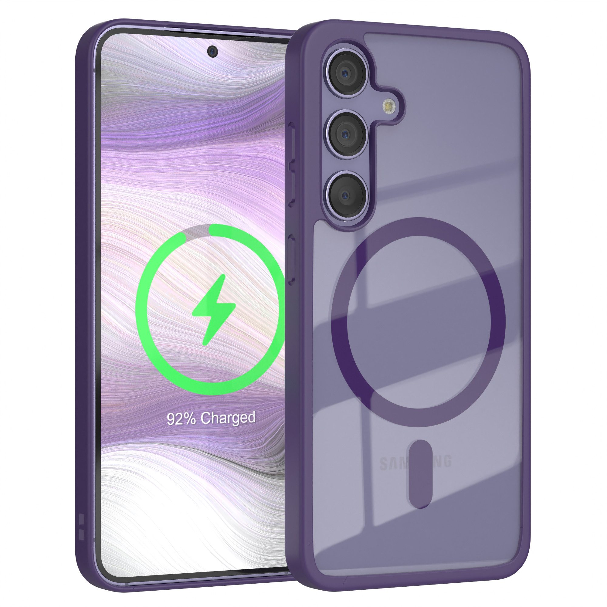 EAZY CASE Handyhülle Transparente Hülle mit MagSafe Samsung Galaxy S24 6,2 Zoll, Hülle mit Kameraschutz, Smart Case kompatibel mit Magsafe, Violett
