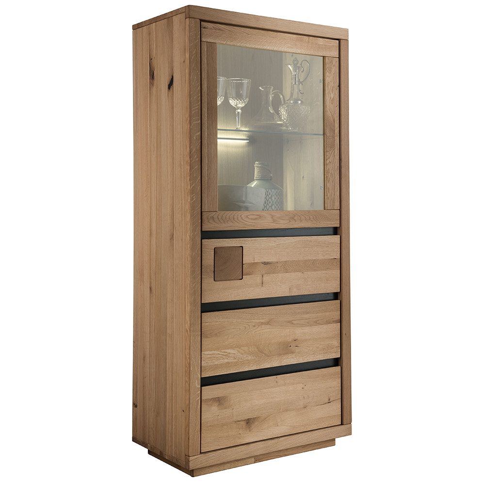 Lomadox Highboard WINCHESTER-69, Standvitrine Schrank 65 cm Eiche massiv geölt Hirnholz-Detail