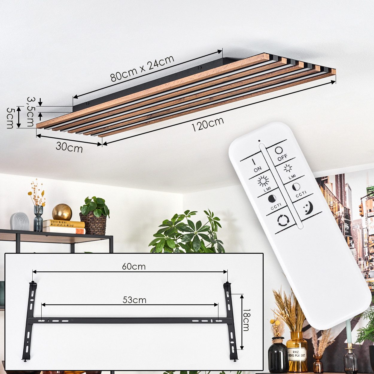 hofstein Deckenleuchte dimmbare Deckenlampe aus Metall/MDF/Kunststoff in Weiß/Naturfarben, ohne Leuchtmittel, Deckenpanel mit Fernbedienung, flache Deckenleucht – Bild 4 von 5