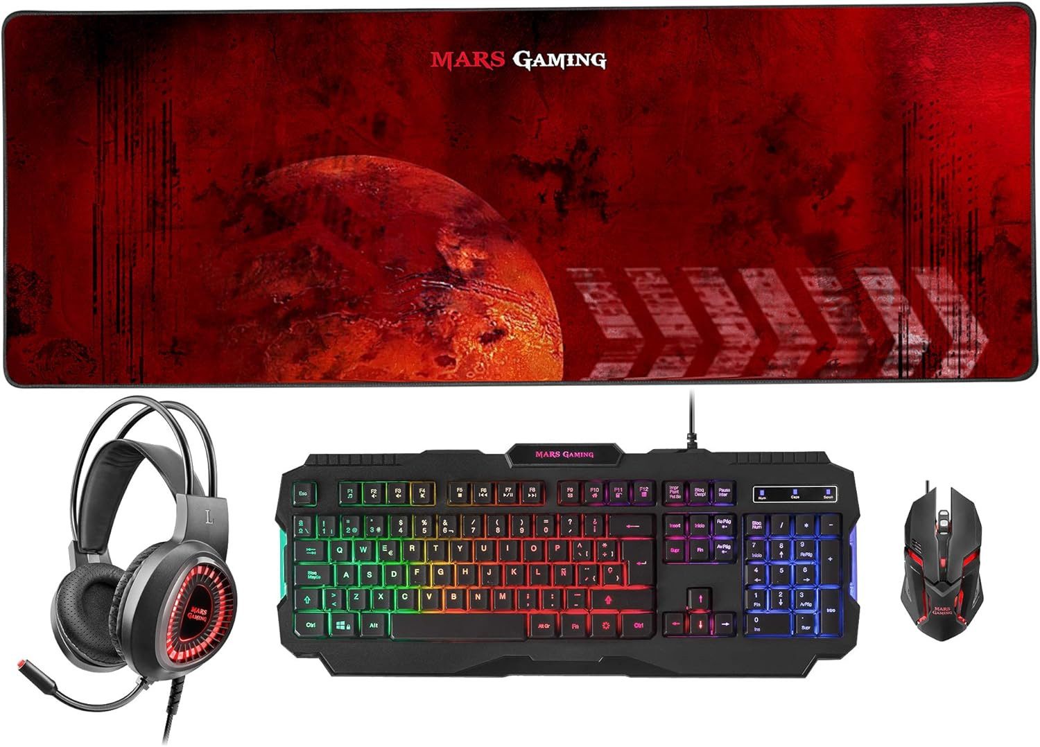 MARSGAMING MCPRGB2ES, Combo Gaming Tastatur- und Maus-Set, XXL Mousepad & Headset, Spanische Sprache