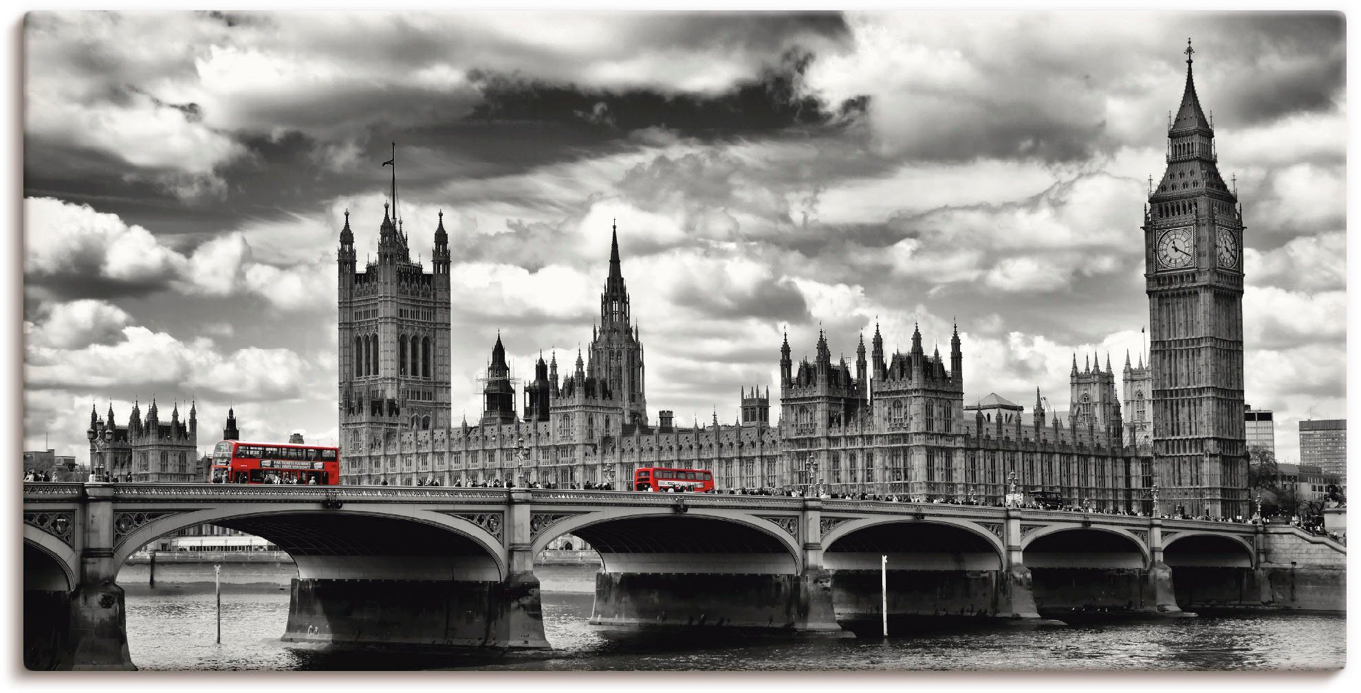 Artland Leinwandbild London Westminster Bridge & Red Buses, Großbritannien (1 St), auf Holzrahmen gespannt