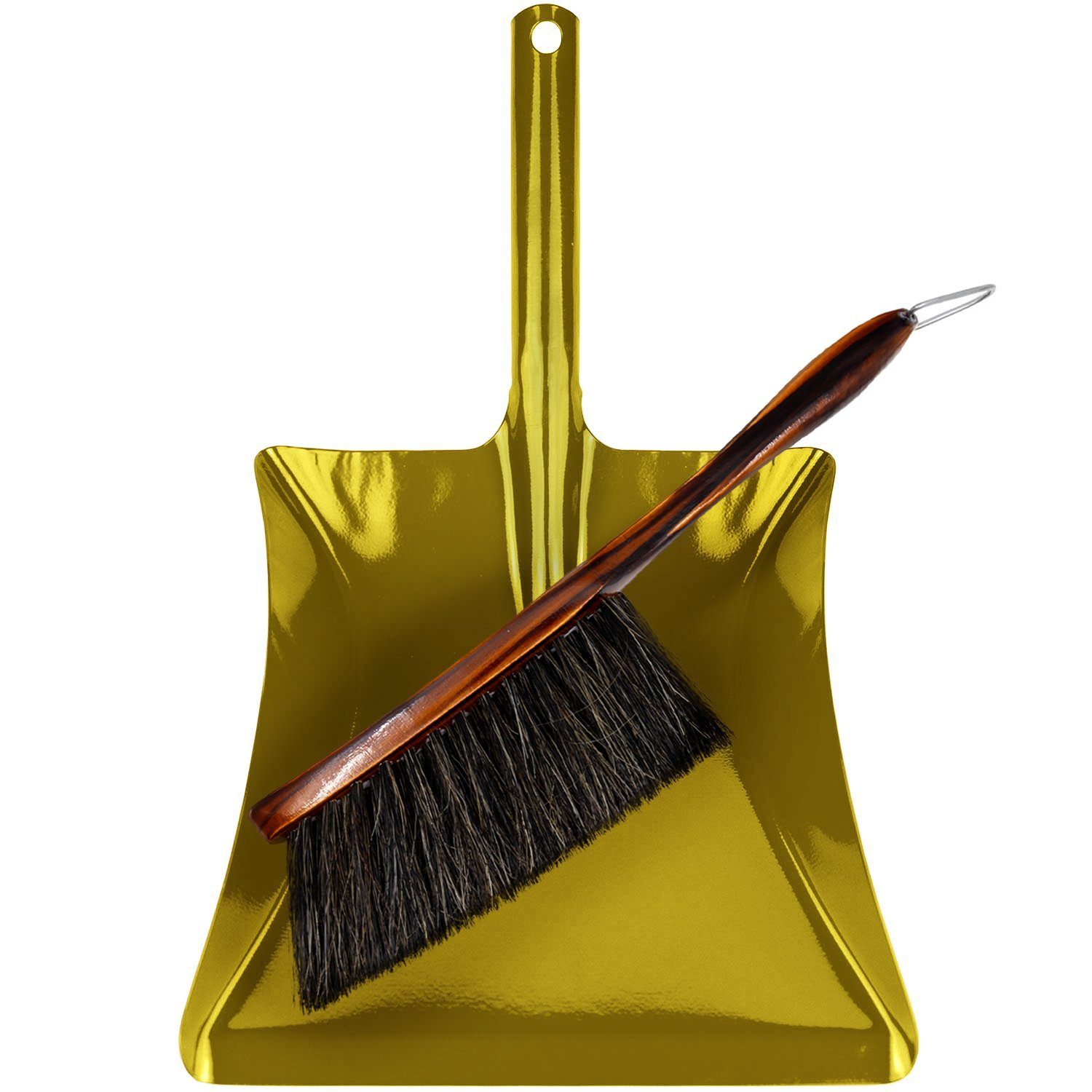 Landshop24 Kehrgarnitur Kehrset Handfeger Rosshaarmischung + Kehrschaufel Metall Brilliantgold, Fliesen, Laminat, Beton, Pflaster, Vinylboden, Linoleum, Parkett, (Spar-Set, 2-tlg., Besen hochglanz lackiert), verantwortungsvoll, kein Plastik