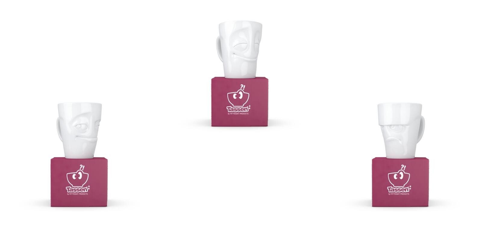 FIFTYEIGHT PRODUCTS Tasse TV Tasse Kaffeebecher 81.82.83, Henkelbecher Grummelig Verschmitzt Vergnügt weiß