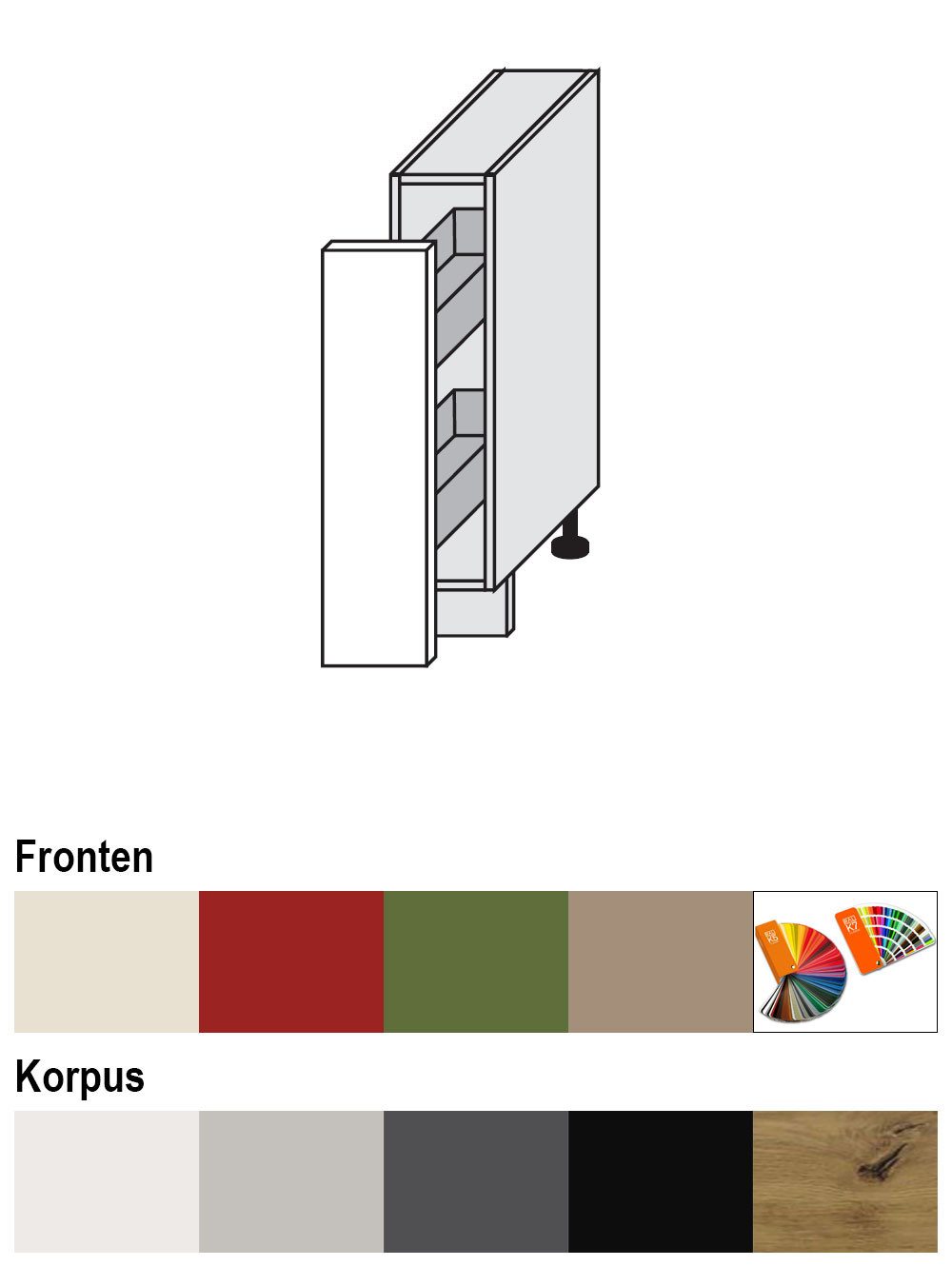 Feldmann-Wohnen Apothekerschrank Brerra (D15/kargo, 1 Türfront, innen 1 Korbauszug mit 2 Ablagen, 1-St., moderne Optik, lackierte Fronten, 15x50x82cm) grau / RAL 3002 karminrot Hochglanz / Korb links