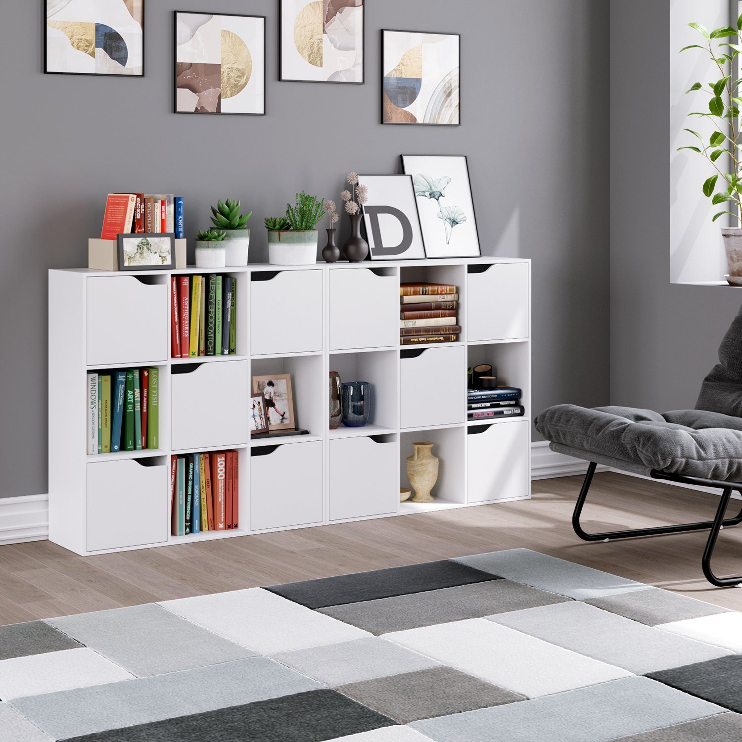 Homfa Bücherregal mit 5 Türen, Standregal, Regal Weiß aus Holz 90x29x90 cm