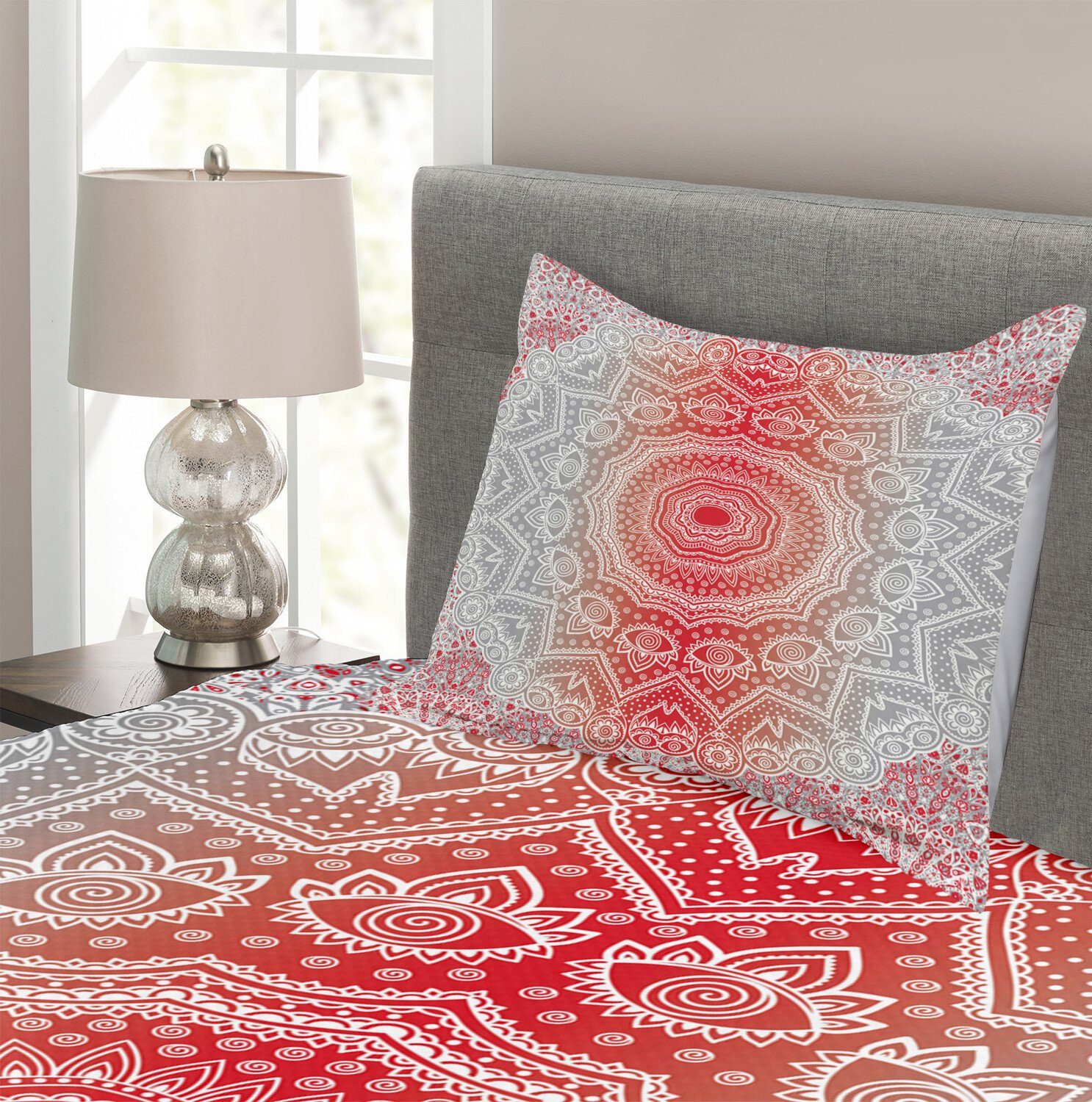 Waschbar, Boho Grau Kissenbezügen Rot Tagesdecke mit Mandala und Abakuhaus, Set