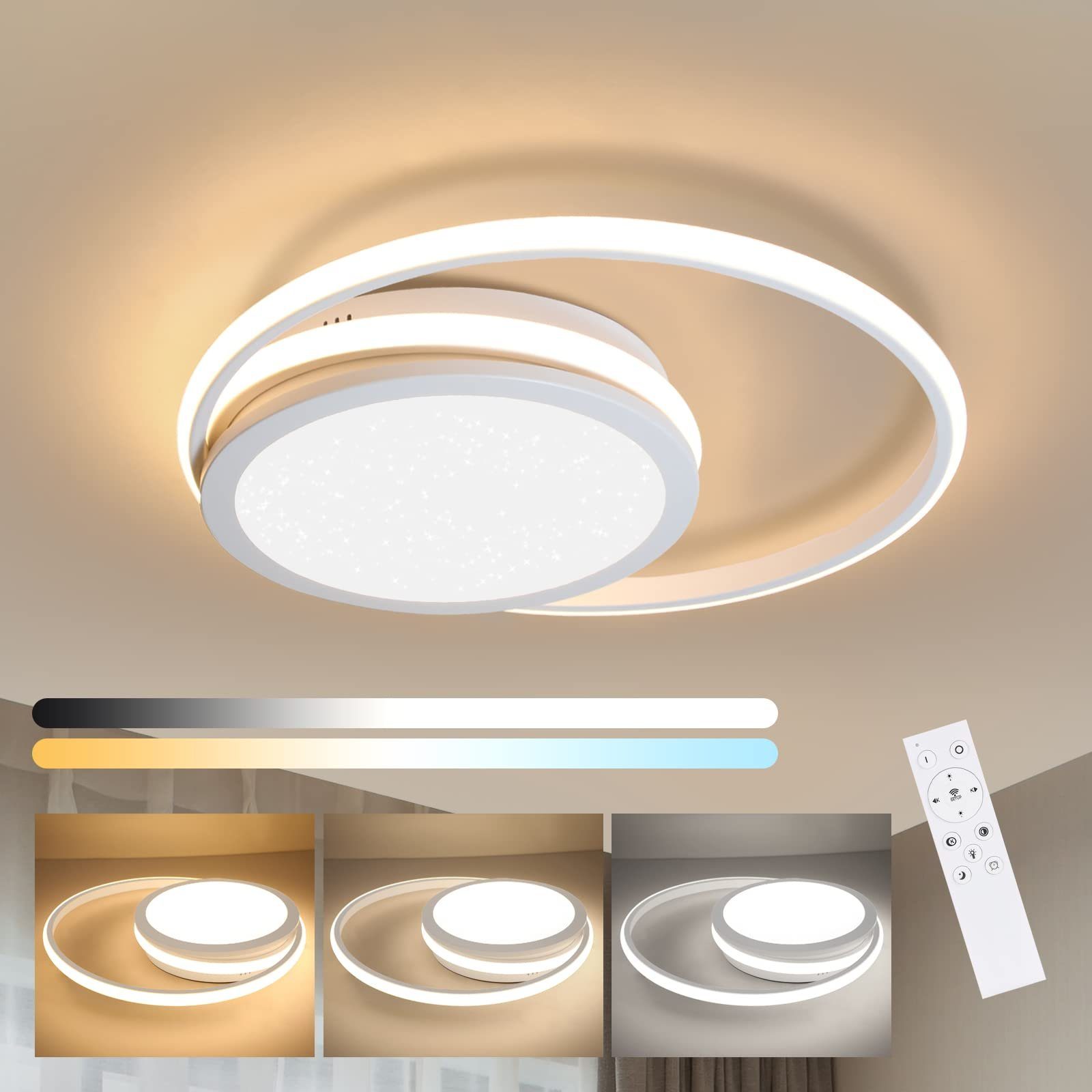 ZMH LED Deckenleuchte Modern 2-Ringe 56W mit Sternnenhimmel und Fernbedienung, LED fest integriert, 3000-6500k, ‎Schwarz, Weiß, Schlafzimmer Modern Deckenleuchtung