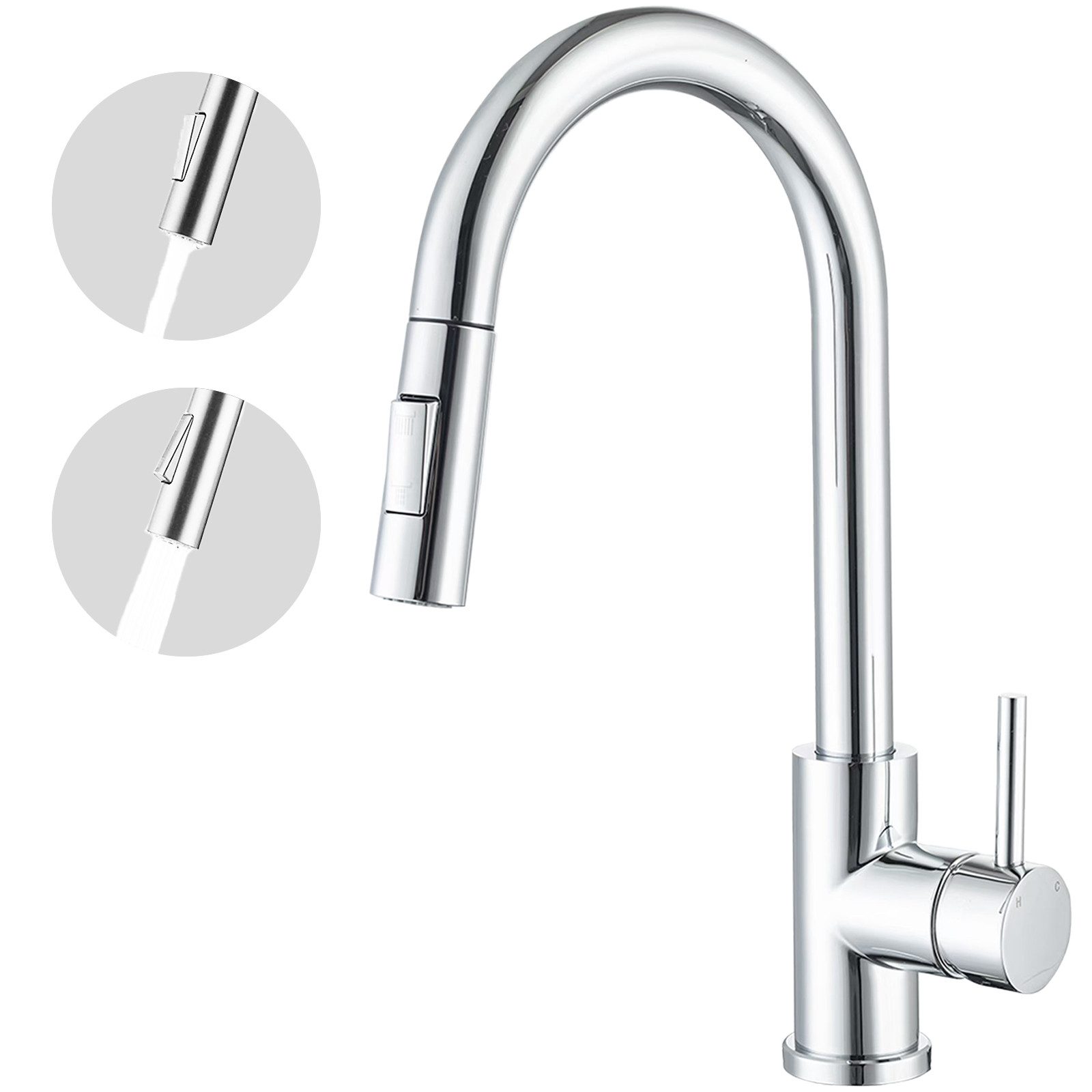 AICA Küchenarmatur Wasserhahn Küche mit Hochdruck, ausziehbar & 360° schwenkbar Einhebelmischer mit 2 Strahlarten, Mischbatterie für Spüle