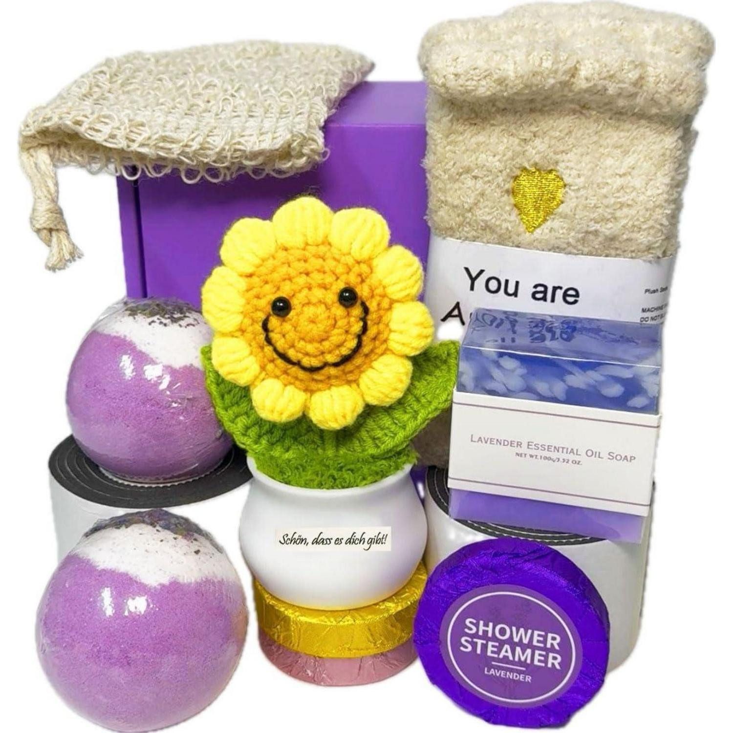 LuxusKollektion Hautreinigungs-Set Wellness Geschenkset Damen 9tlg. Lavendel Sonnenblume Socke
