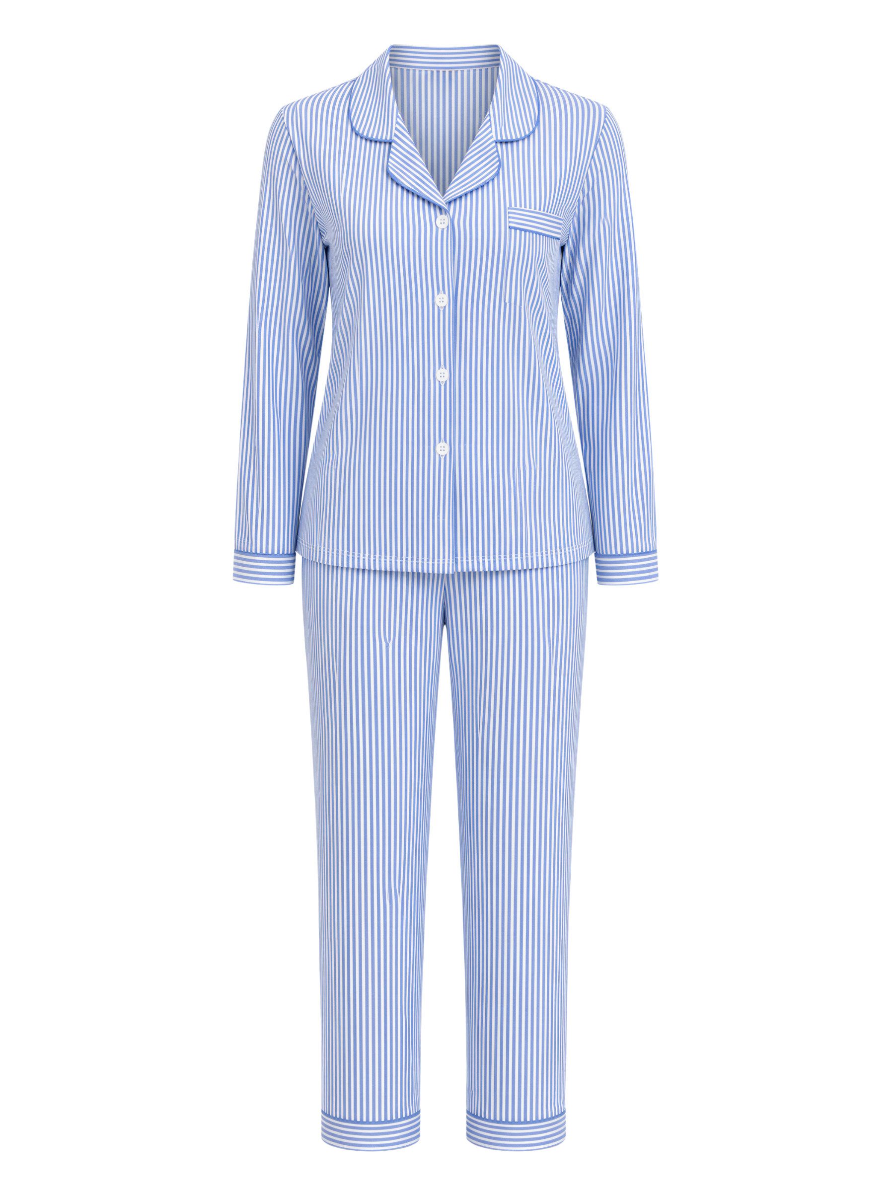 Elegant Love Pyjama Gestreifter Damen Schlafanzug – Nachtwäsche-Set mit Knopfleiste (Set, 2 tlg., Set bestehend aus langärmligem Oberteil und langer Hose) Bequemes Loungewear-Set im Streifendesign mit Brusttasche für Zuhause