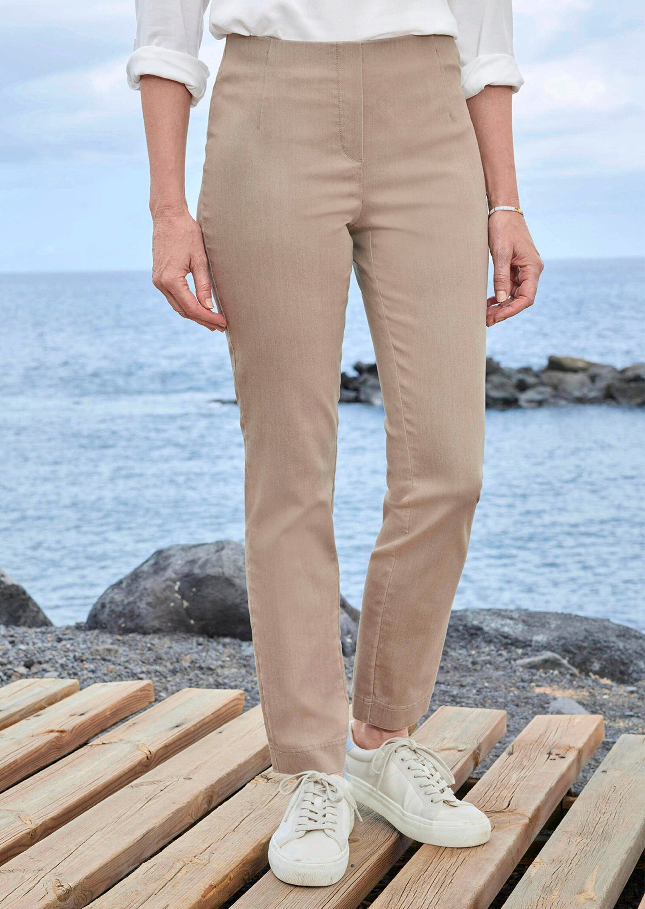 GOLDNER Stoffhose Jerseyhose mit Schlupfbund Stoffhose mit Reißverschluss-Optik und Knöchellänge