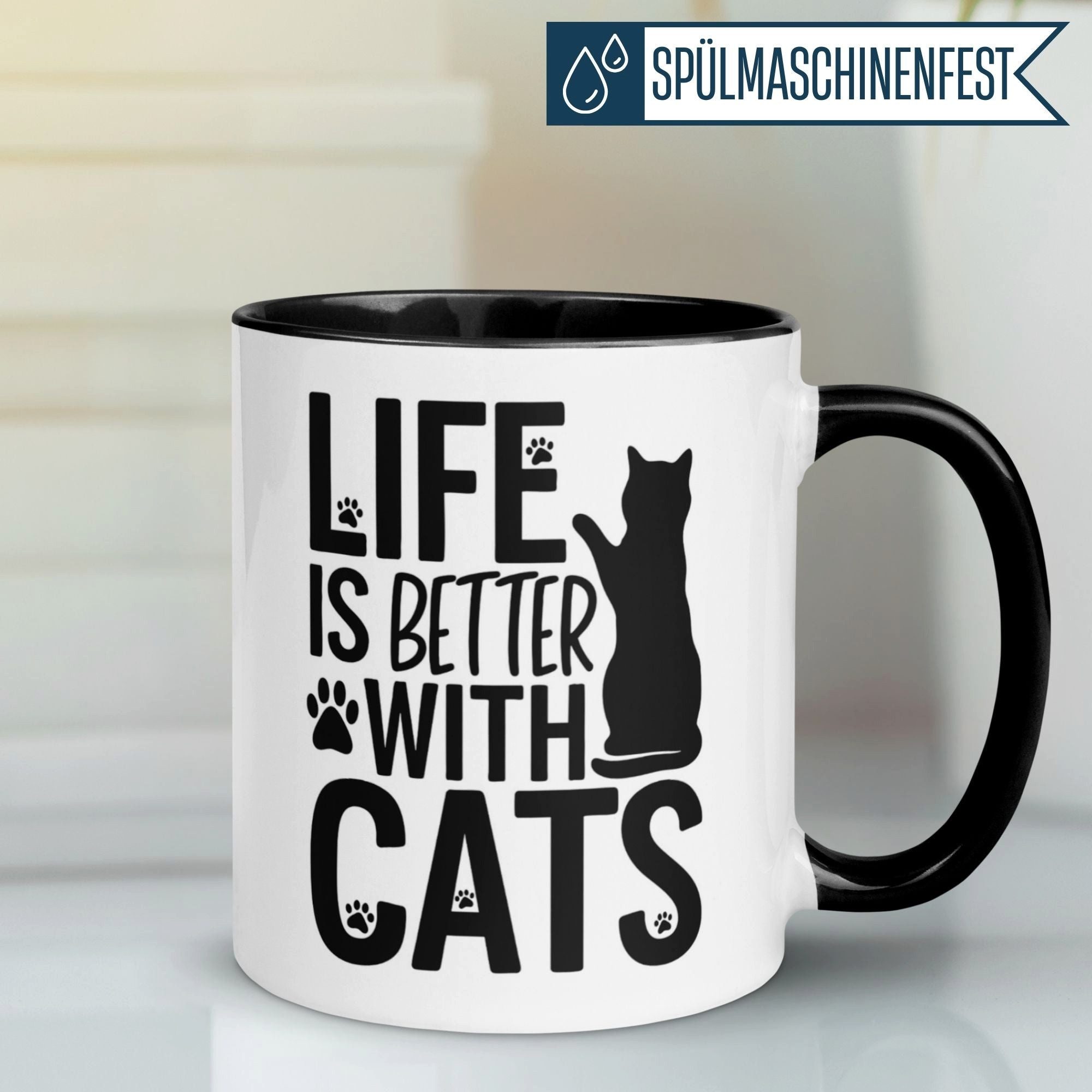 Momentals Tasse Katze – „Life is better with cats“ – lustiger Katzen Geschenk Becher, Gratis Versand · Links-&Rechtshänder · Spülmaschinenfest
