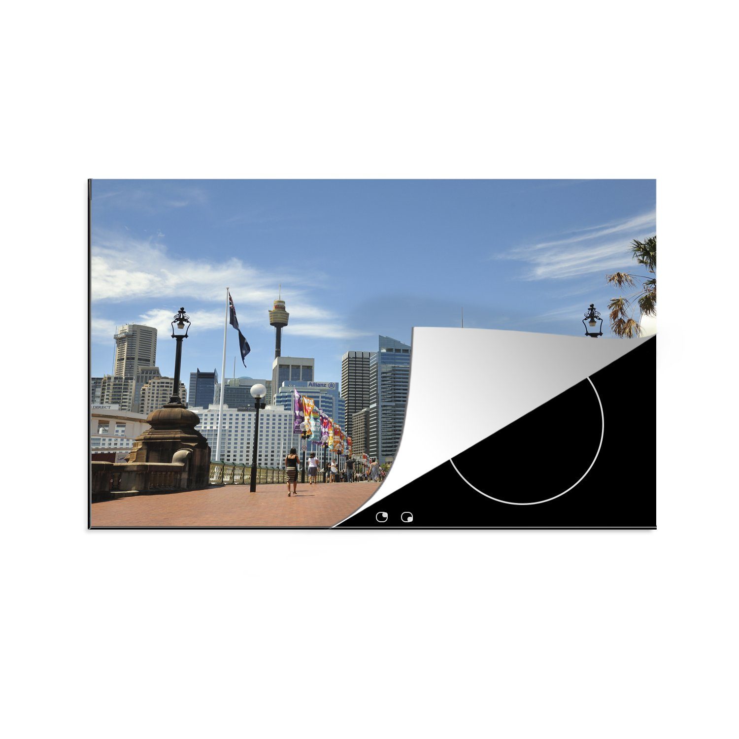 MuchoWow Herdblende-/Abdeckplatte Darling Harbour in Sydney mit Flaggen, Vinyl, (1 tlg), 81x52 cm, Induktionskochfeld Schutz für die küche, Ceranfeldabdeckung
