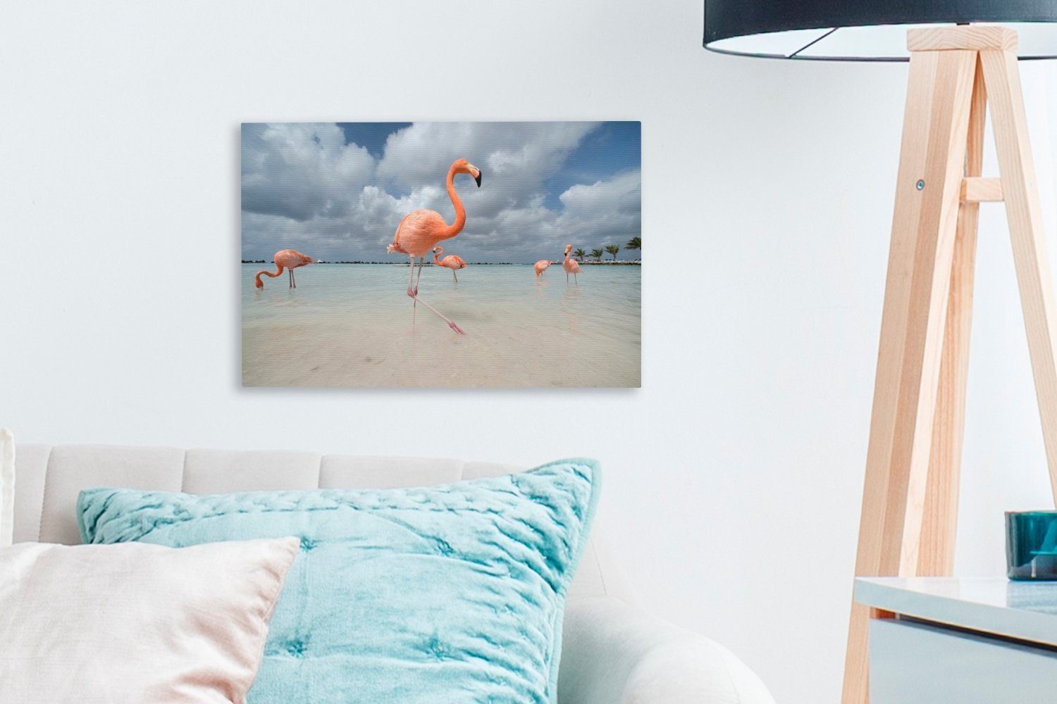 OneMillionCanvasses® Leinwandbild Flamingos am Flamingo-Strand Wandbild Aruba, cm Leinwandbilder, Wanddeko, Aufhängefertig, St), 30x20 in (1