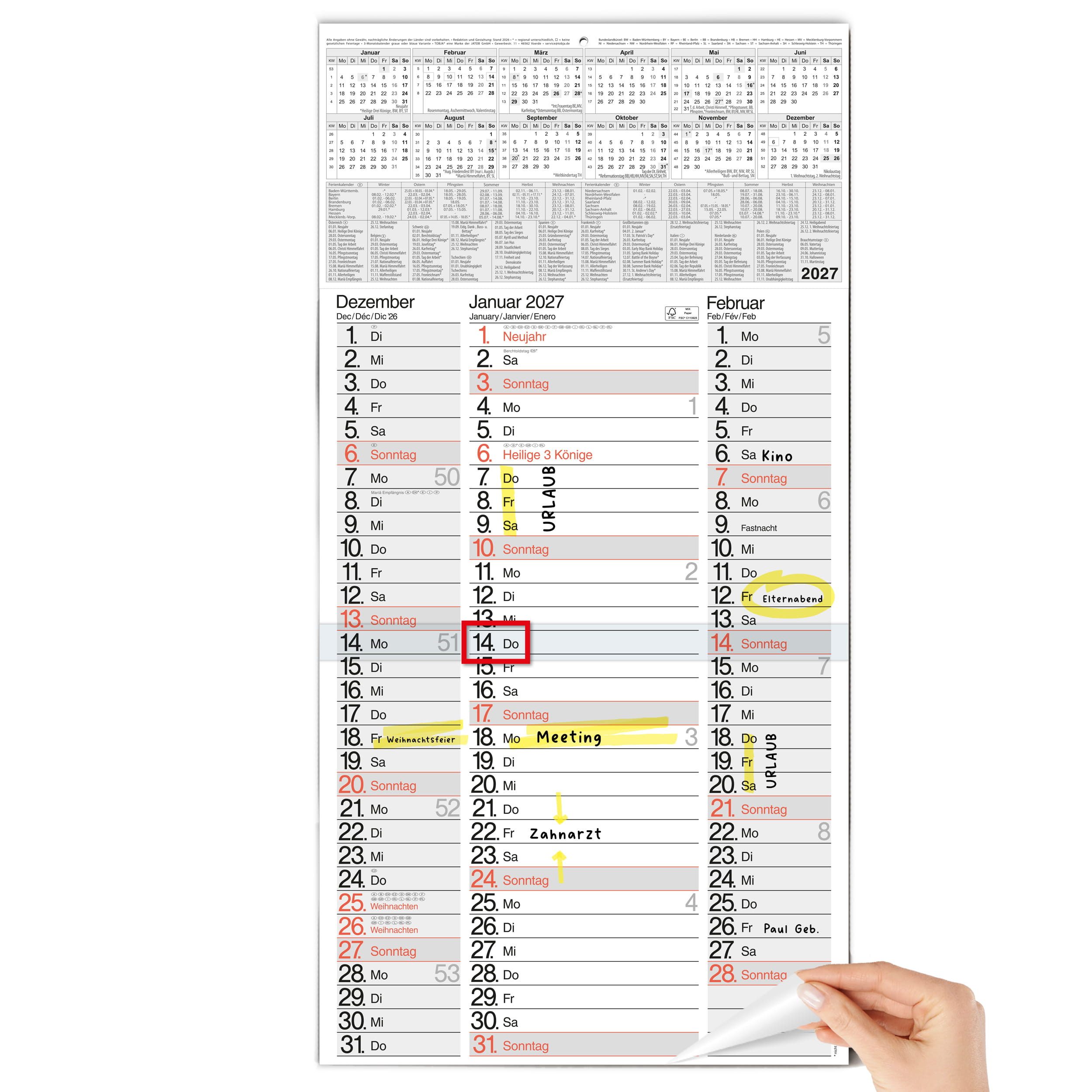 TOBJA Wandkalender 3 Monatskalender 2027 Nebeneinander mit Notizen 30x59 cm FSC, Nebeneinander, Notizplatz pro Tag, Datumsschieber, 4-sprachig, FSC