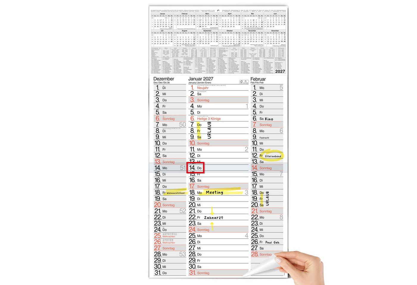 TOBJA Wandkalender 3 Monatskalender 2027 Nebeneinander mit Notizen 30x59 cm FSC, Nebeneinander, Notizplatz pro Tag, Datumsschieber, 4-sprachig, FSC