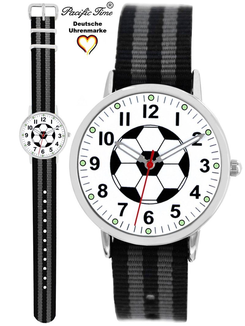 Pacific Time Quarzuhr Kinder Armbanduhr analog Mädchen Jungen Fußball Fan Sport, Wechselarmband Mix and Match - Gratis Versand schwarz grau