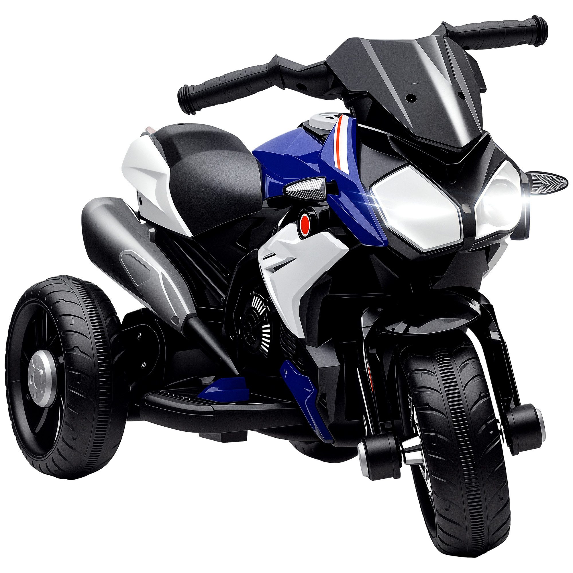 HOMCOM Elektro-Kindermotorrad mit Musik, Scheinwerfer, 25W Motor, 3 km/h, Belastbarkeit 25 kg, (1-tlg), für Kinder von 3-5 Jahren, Blau+Weiß