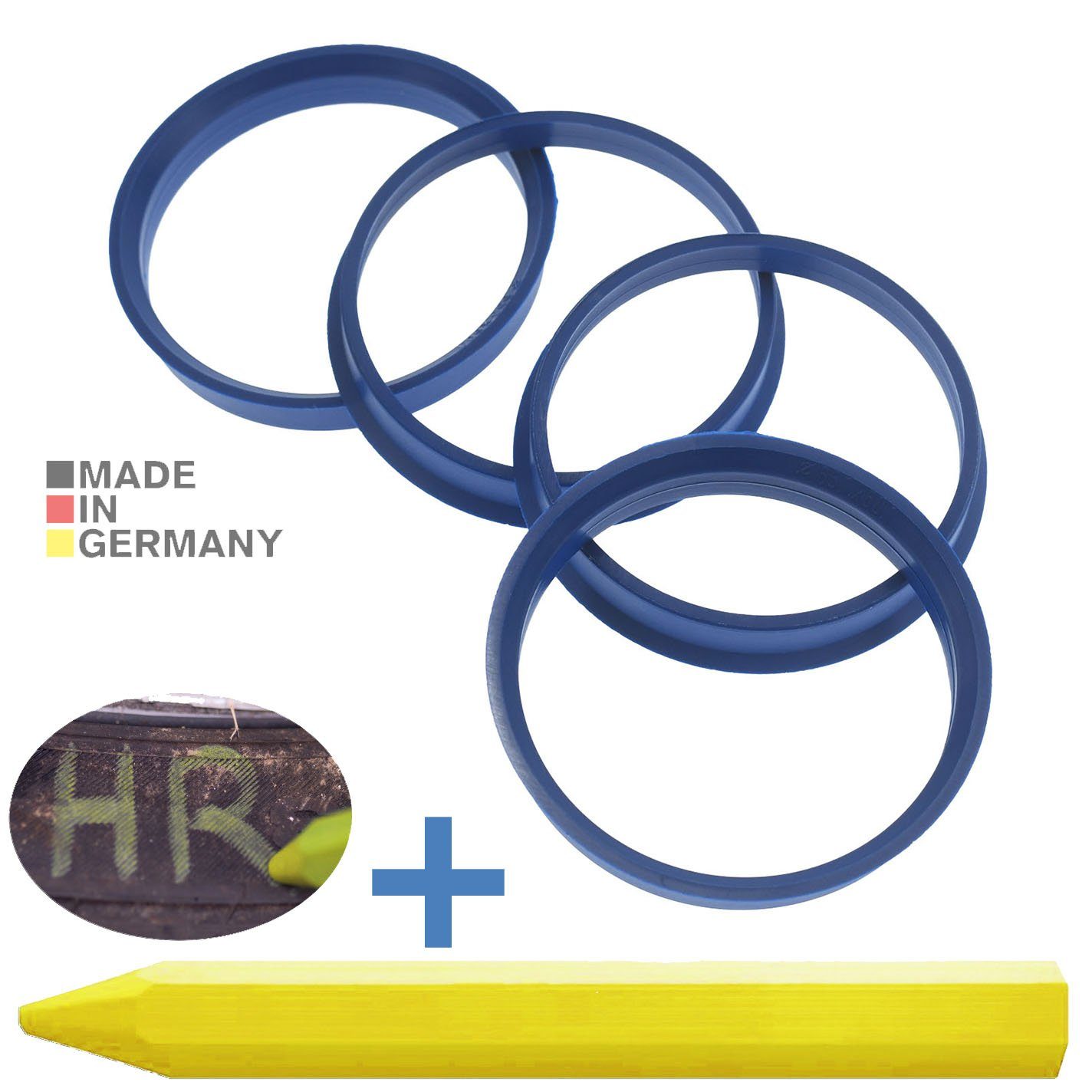 RKC Reifenstift 4X Zentrierringe Blau Felgen Ringe + 1x Reifen Kreide Fett Stift, Maße: 65,1 x 60,1 mm