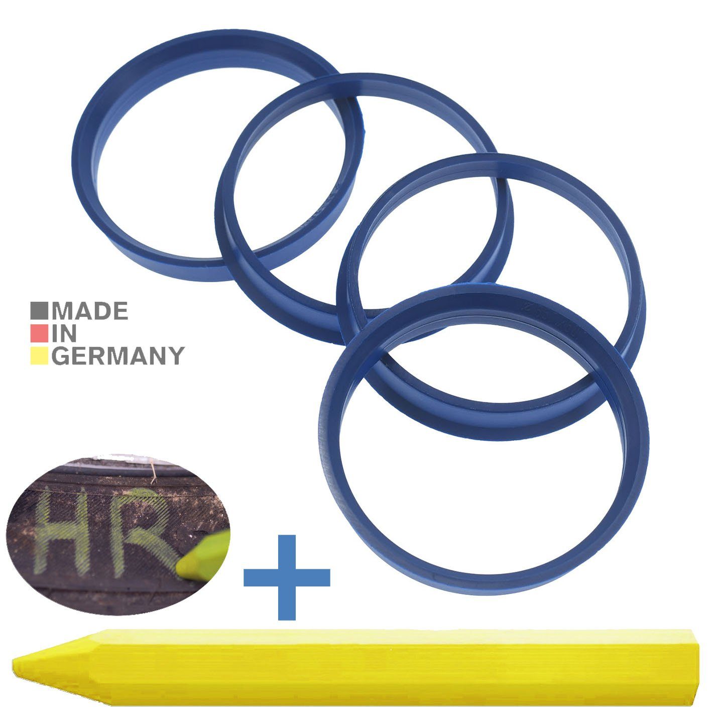 RKC Reifenstift 4X Zentrierringe Blau Felgen Ringe + 1x Reifen Kreide Fett  Stift, Maße: 65,1 x 60,1 mm