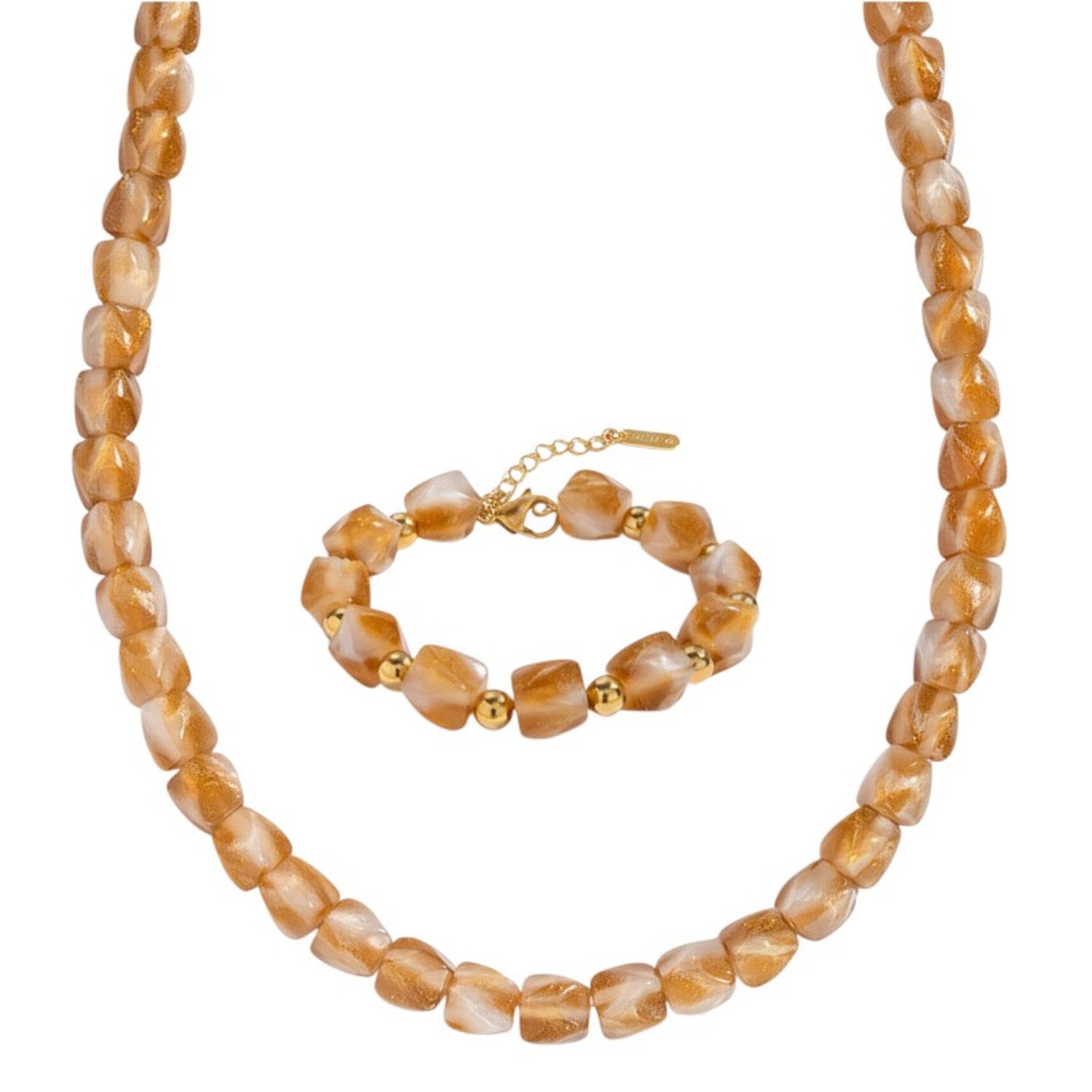 KARMA Schmuckset Braun Damen Halskette 48 cm Armband (Damen Armschmuck, moderner Schmuck Kette), Polyresin wasserfest hypoallergen