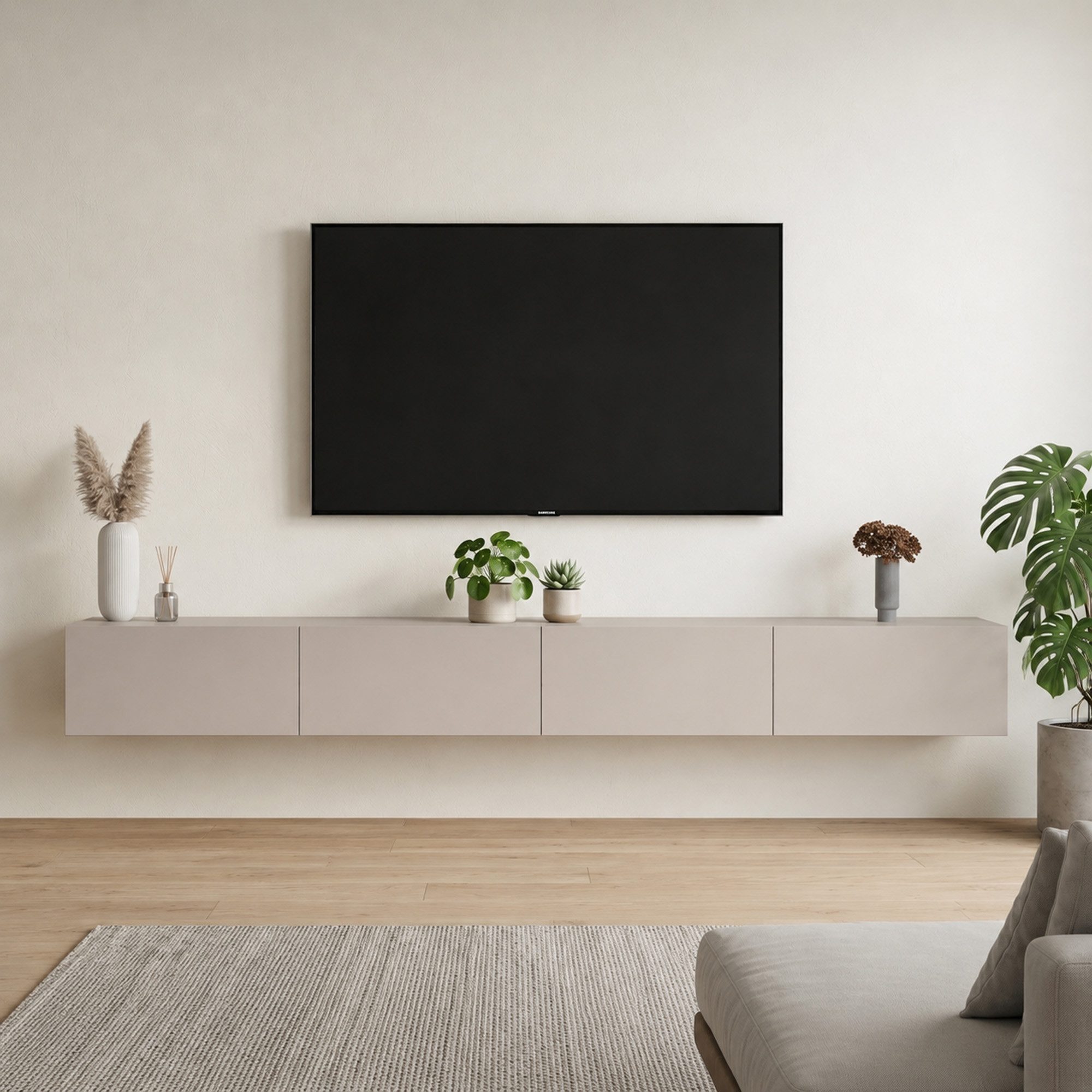 Planetmöbel TV-Schrank West TV-Board, Fernsehtisch 280 cm lang, TV-Lowboard (für Fernseher bis 65 Zoll, TV Schrank viel Stauraum, sideboard hängend, Fernsehschrank 2x 140 x 30 x 37,5 cm) kaschmir