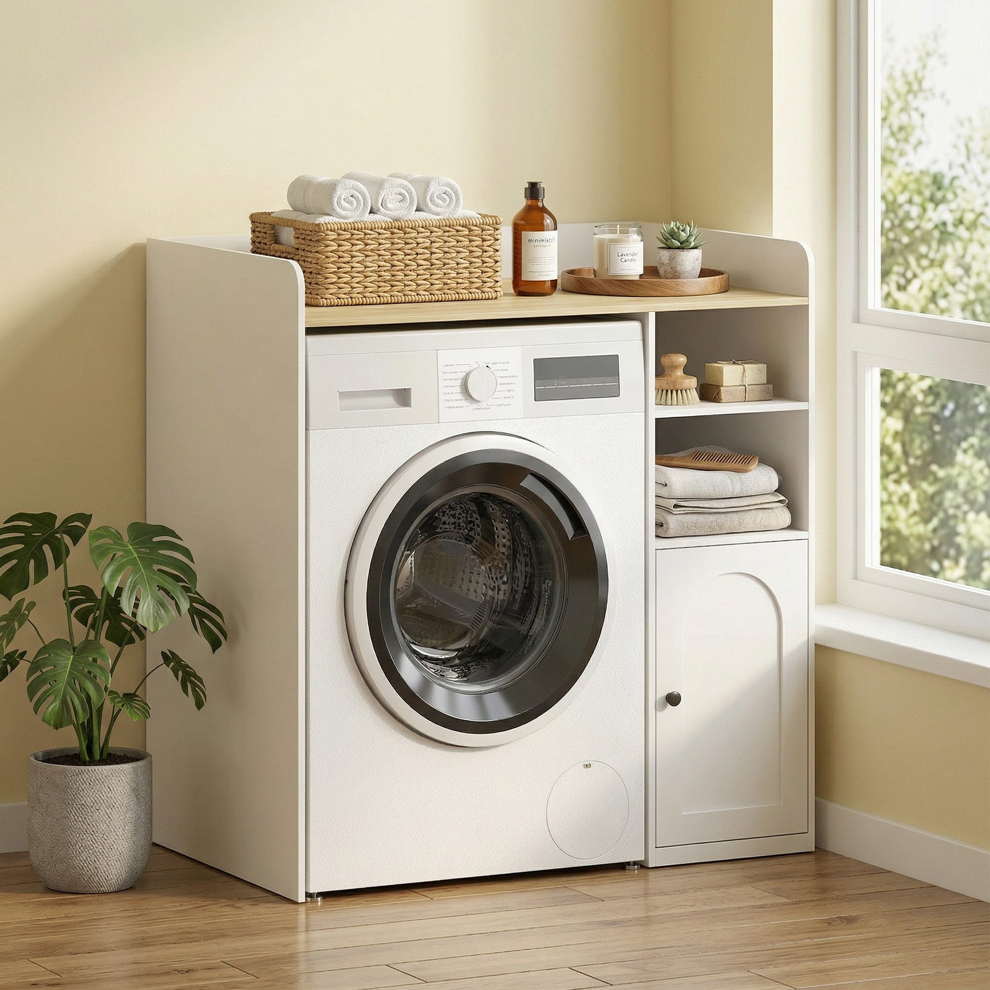 HOMCOM Waschmaschinenumbauschrank Badschrank mit offenen Ablagefächern, Soft-Close-Tür (Badschrank, 1-St., Überbauschrank für Waschmaschine) für Badezimmer, Toilette, 93,5 x 60 x 100 cm, Weiß und Natur