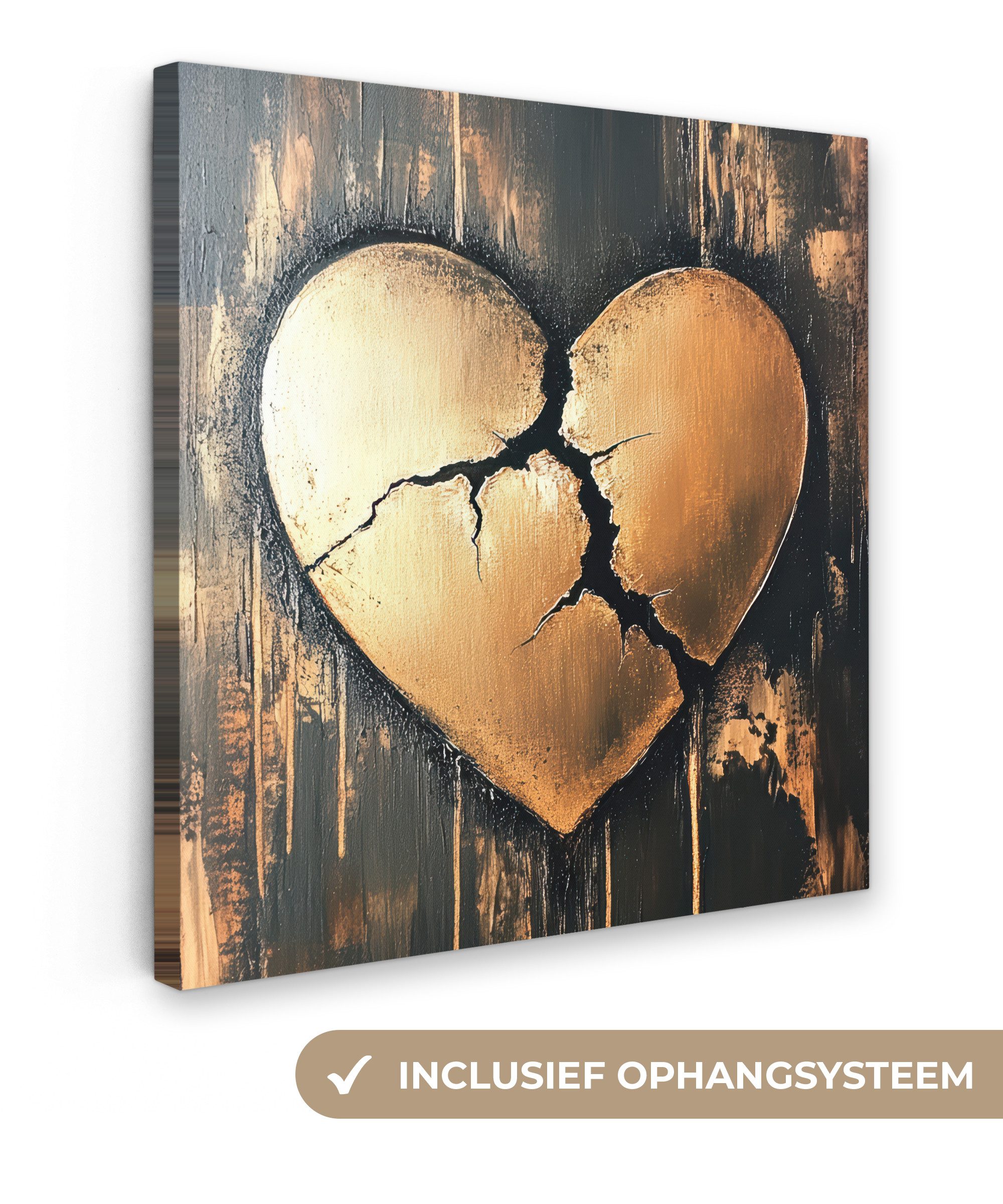 OneMillionCanvasses® Leinwandbild Gebrochenes Herz - Gold - Holzoptik - Liebe, Fotodruck (1 St), Wandbild, Deko Schlafzimmer Wohnzimmer Flur 20x20 cm