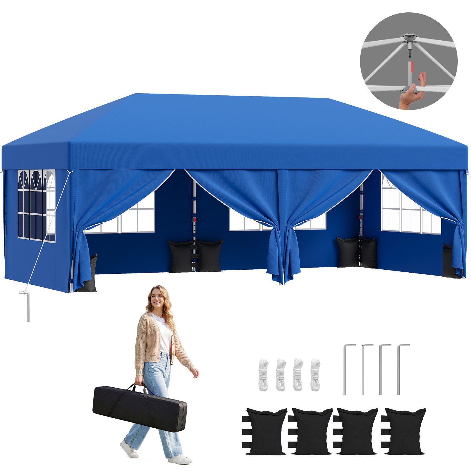 GUNJI Faltpavillon Pop Up Partyzelt 3*3/3*6m Gartenpavillon winterfest und wasserdicht, mit 4 Seitenteilen, 4 Sandsäcke, für Garten Camping