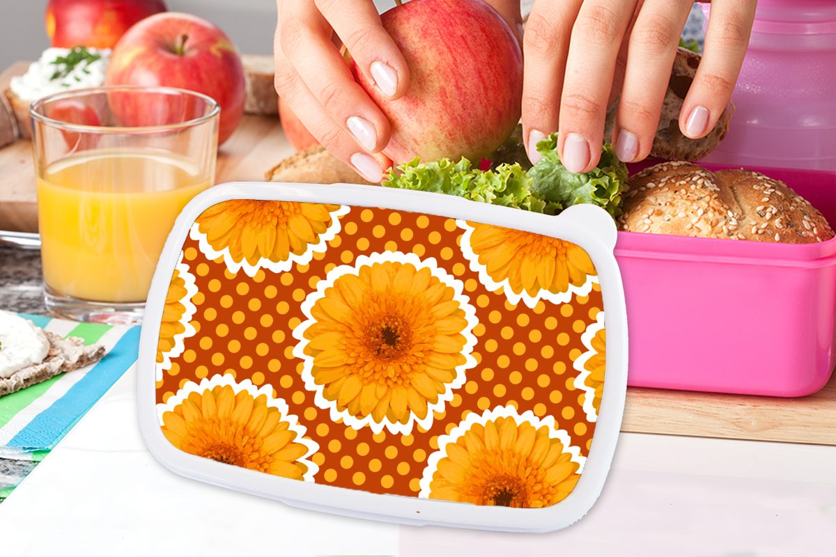 MuchoWow Lunchbox Blumen - rosa Erwachsene, - Brotdose Punkte Snackbox, Muster, Vintage Brotbox Kinder, Kunststoff Kunststoff, (2-tlg), Mädchen, - für