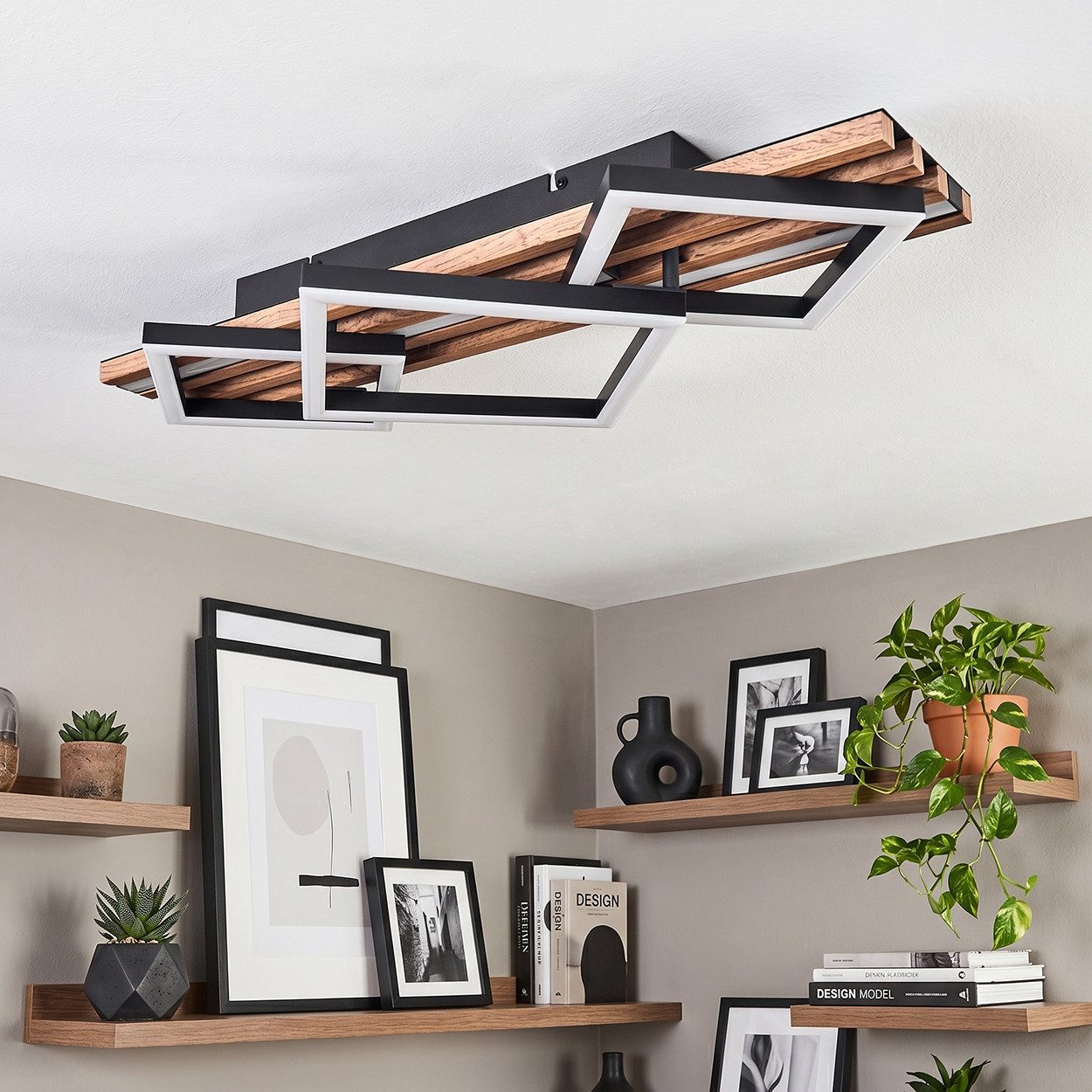 hofstein Deckenleuchte Deckenlampe aus Metall/MDF/Kunststoff, ohne Leuchtmittel, moderne Deckenleuchte in Schwarz/Holzoptik/Braun/Weiß – Bild 3 von 5