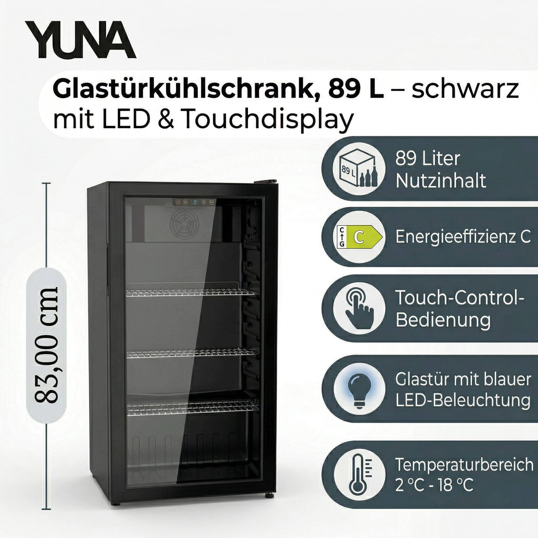 YUNA Getränkekühlschrank Cool-View GKS90, 83 cm hoch, 44.50 cm breit