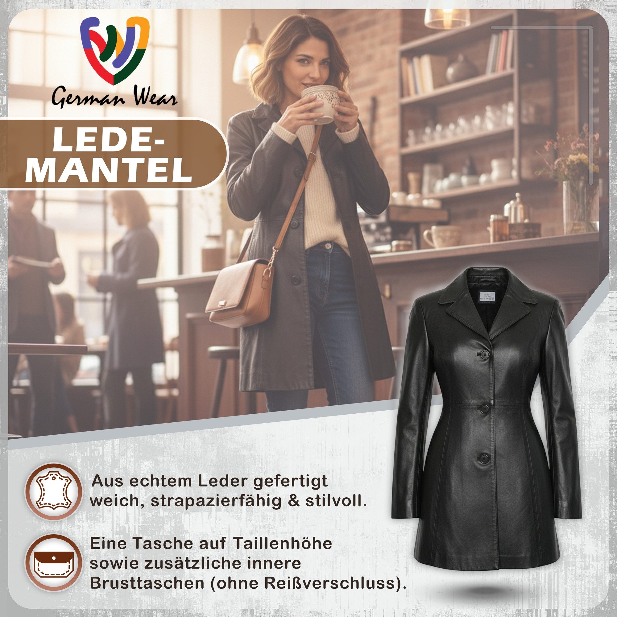 German Wear Ledermantel Trend 418C Damen Ledermantel Jacke aus Lamm Nappa Leder Schwarz – Bild 5 von 5