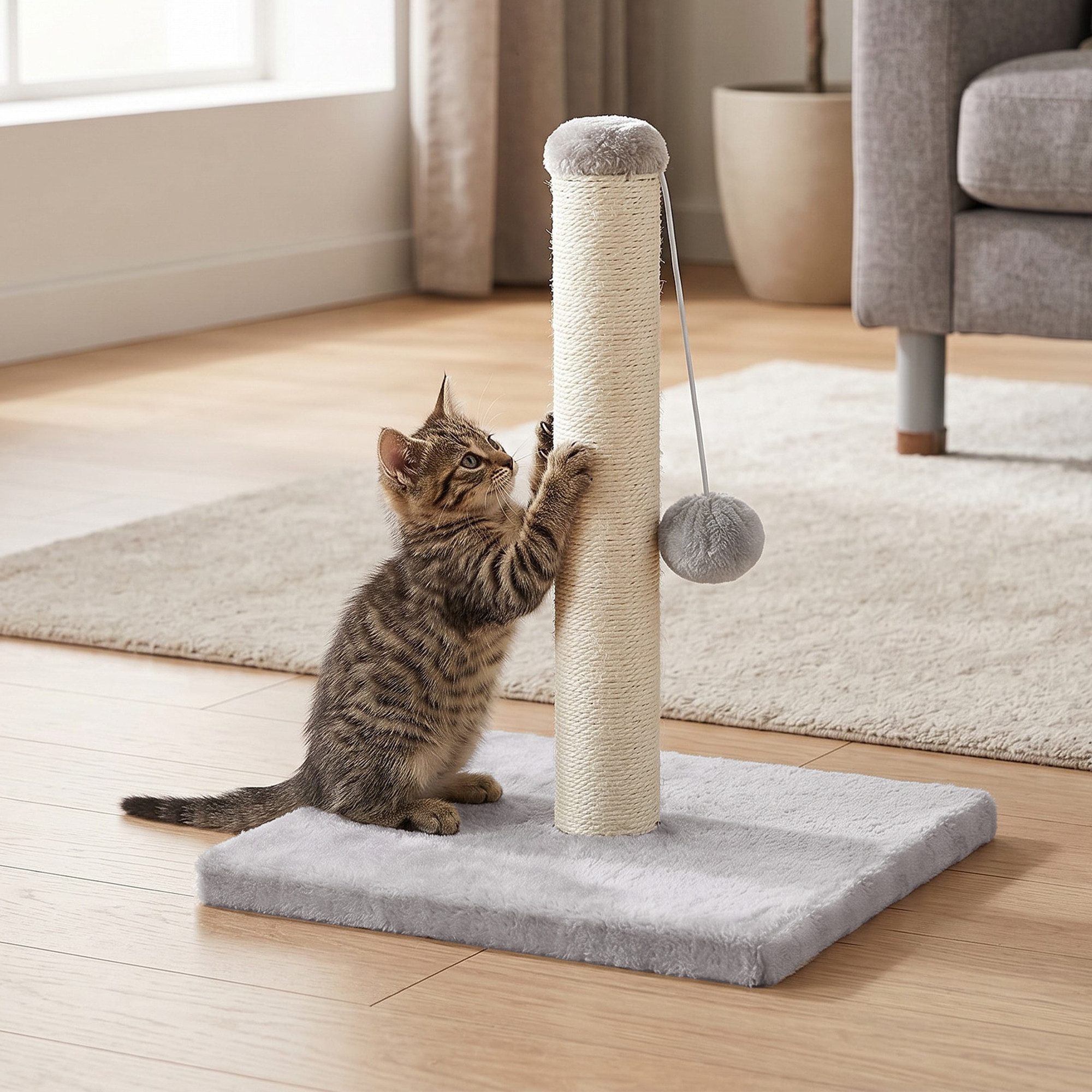 FEANDREA Kratzbaum aus Natürlichem Sisal mit Spielzeug, Möbelschutz für Große Katzen, 44 cm Hoher Stabiler Kratzbaum, 40 x 40 x 44 cm