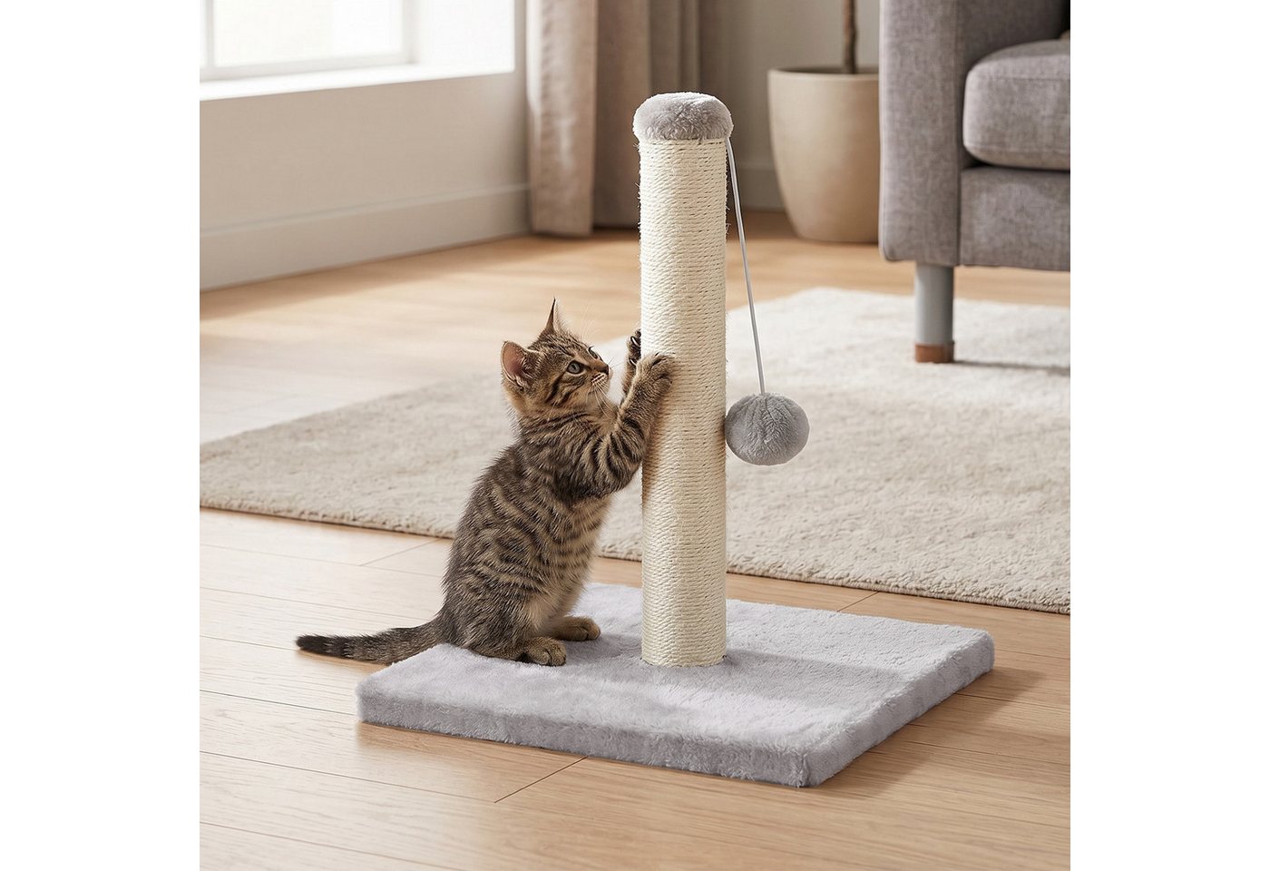 FEANDREA Kratzbaum aus Natürlichem Sisal mit Spielzeug, Möbelschutz für Große Katzen, 44 cm Hoher Stabiler Kratzbaum, 40 x 40 x 44 cm