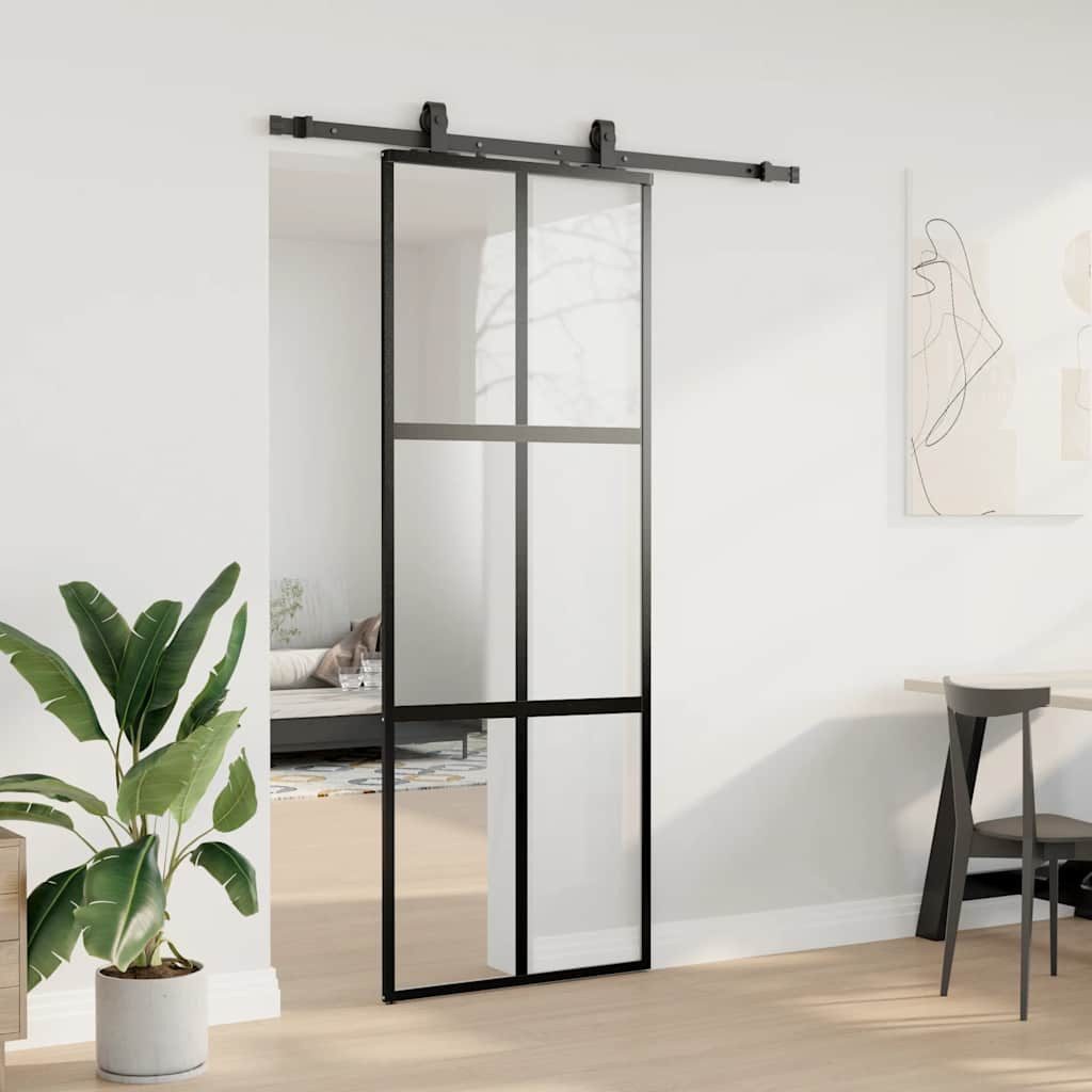 vidaXL Schiebetür, Schiebetür mit Beschlag Schwarz 76x205 cm Hartglas