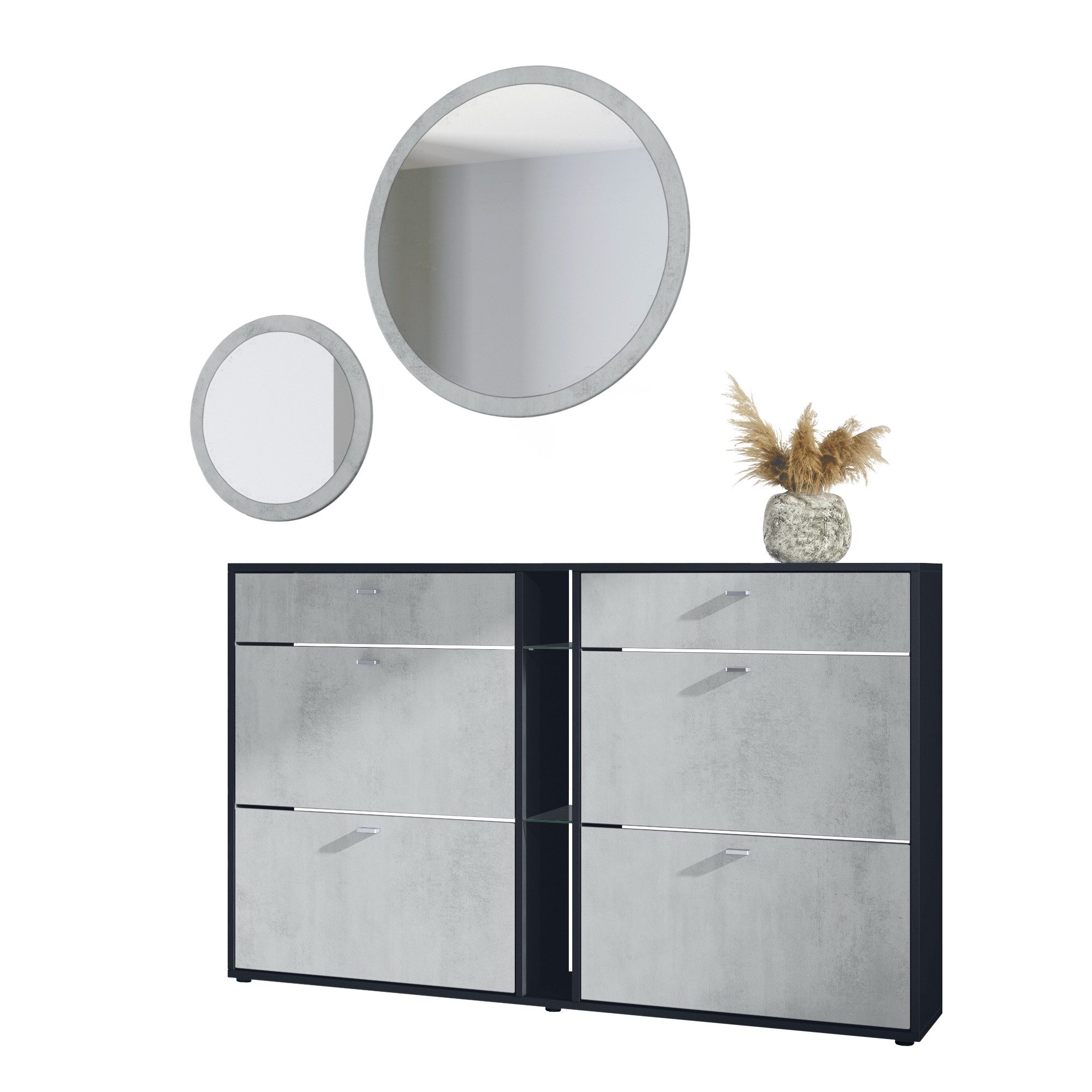 Vladon Garderoben-Set Florence, (Garderoben-Set, mit Schuhschrank und 2 Wandspiegel), Schwarz matt/Beton Oxid Optik