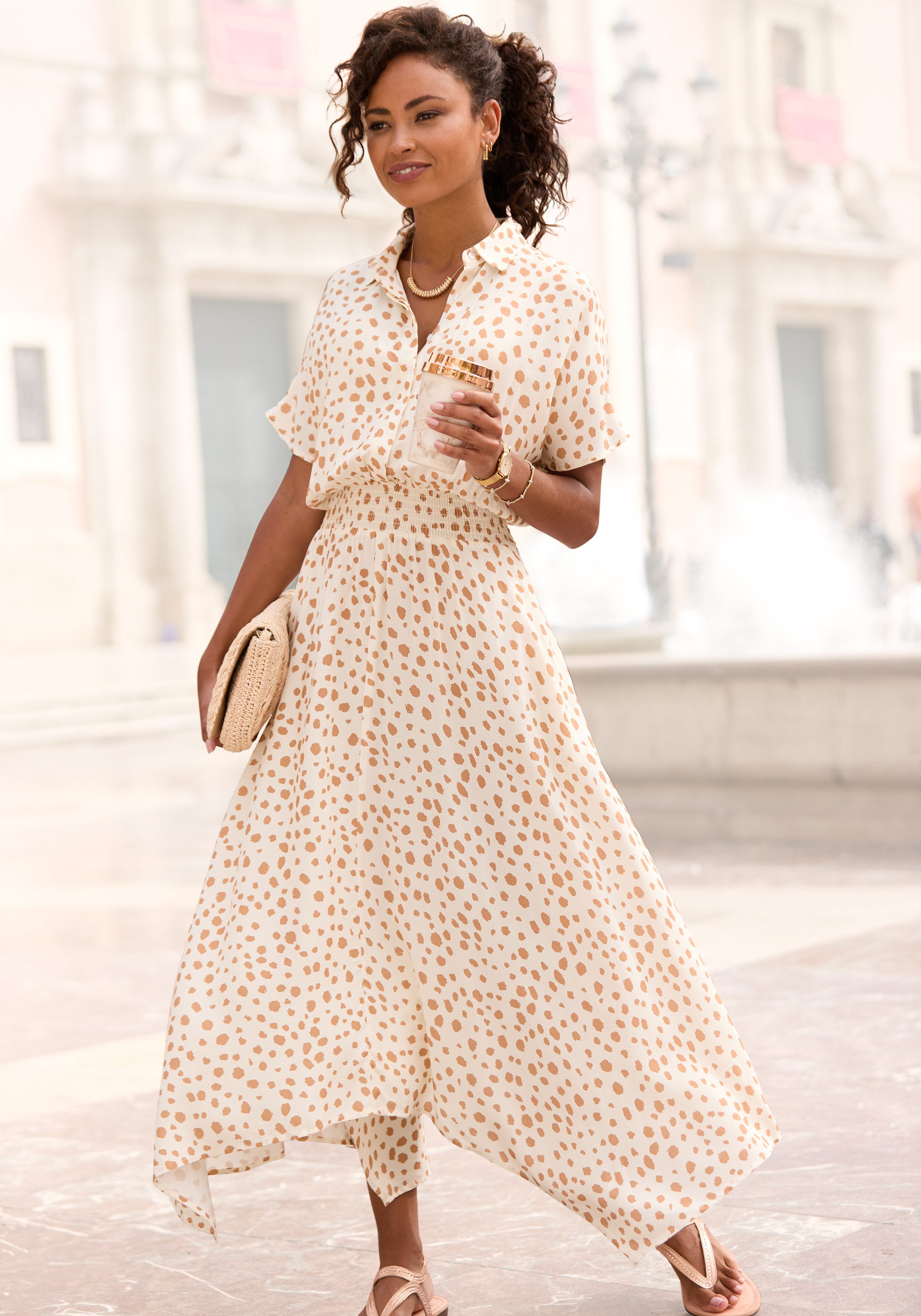 LASCANA Druckkleid mit Punktedruck und asymmetrischem Saum, Midikleid Bedrucktes Hemdblusenkleid, Viskosekleid aus leichter Webware
