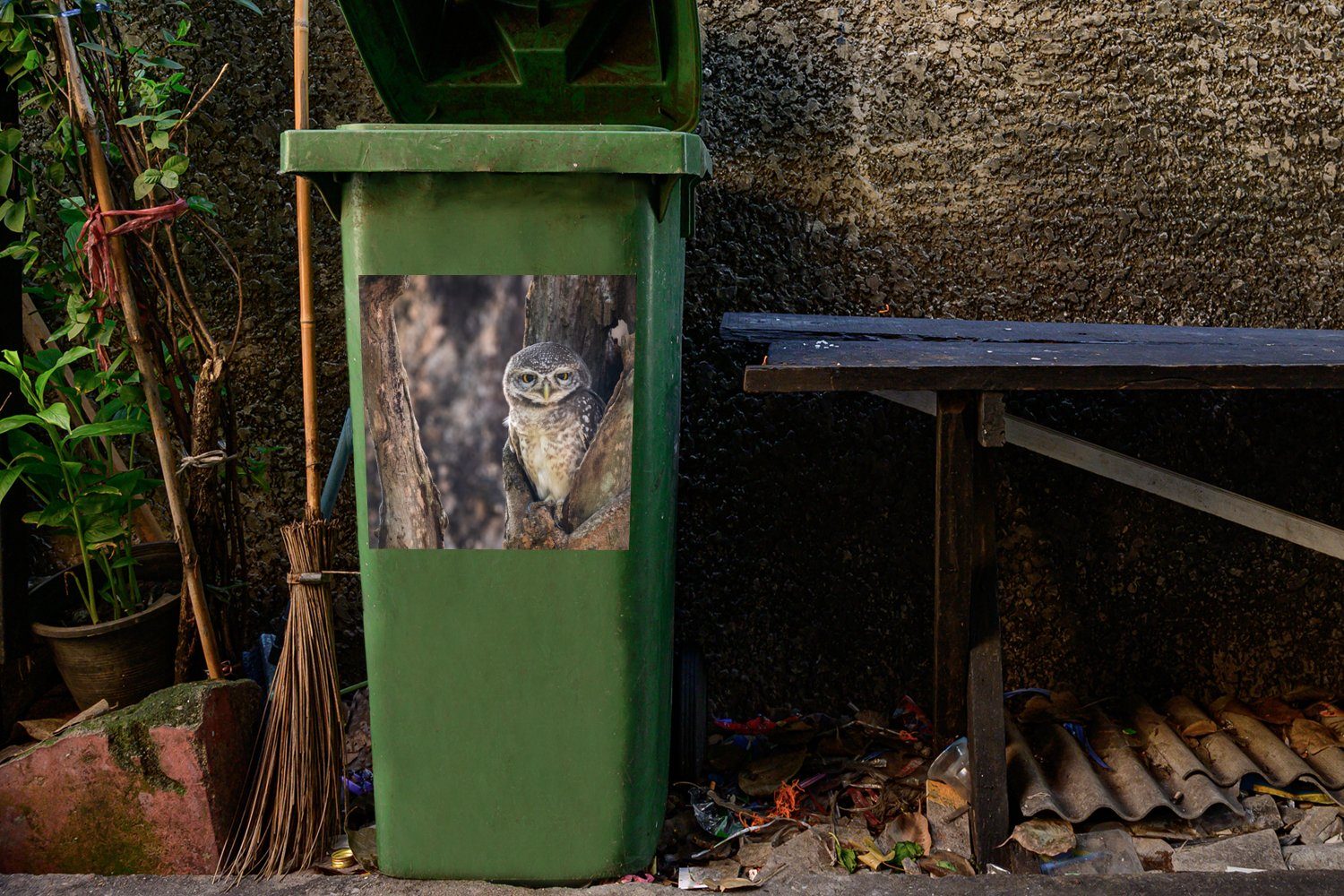 - - St), Wandsticker Sticker, Eule (1 Abfalbehälter Mülleimer-aufkleber, Mülltonne, MuchoWow Wald Baum Container,