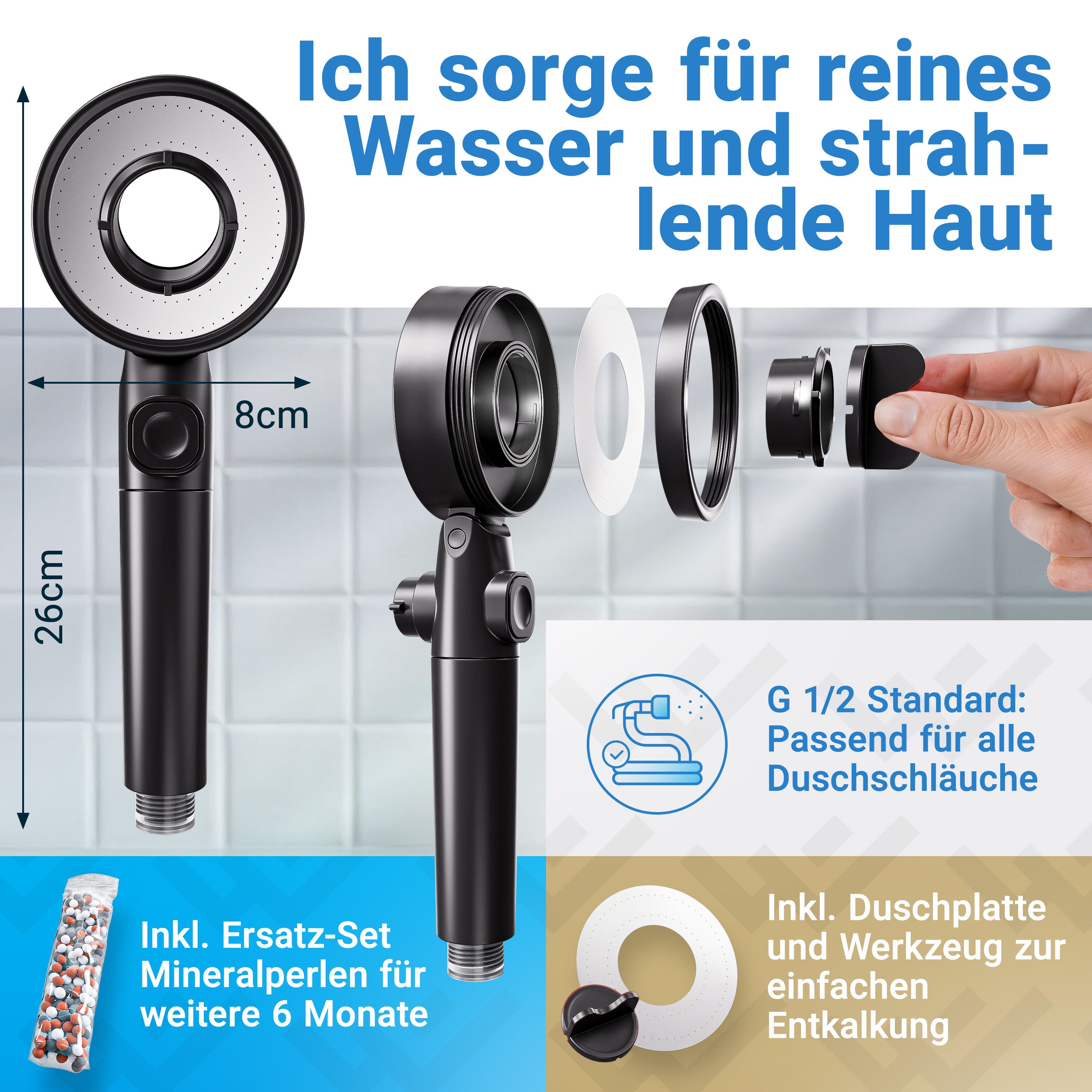 Lobenswerk Duschbrause Duschkopf mit Boost-Funktion, mit Mineralperlenfilter gegen Kalk & Verunreinigungen – Bild 2 von 5
