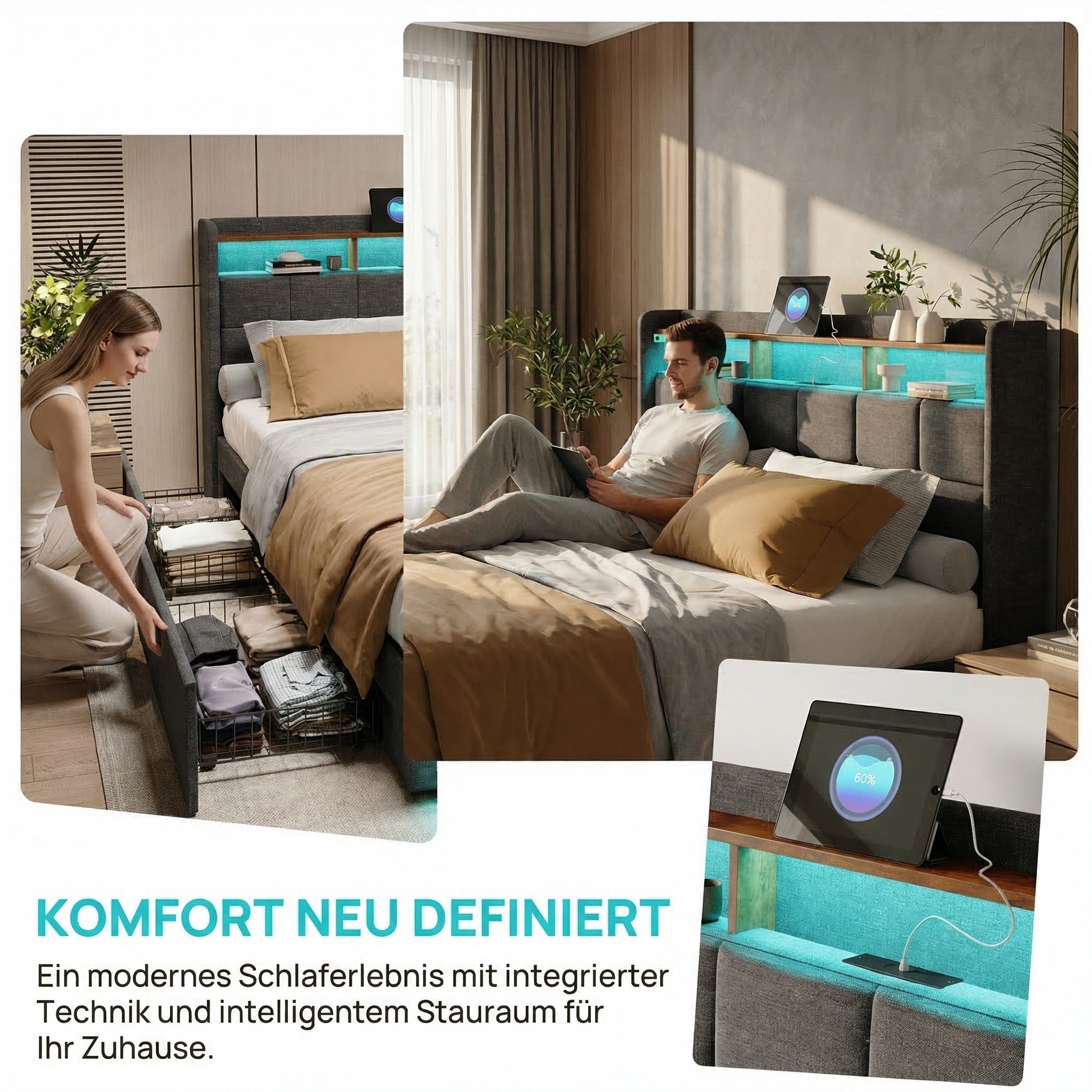 Furnishings Home Polsterbett Stauraumbett Doppelbett Jugendbett (4 Schubladen), Mit LED-Beleuchtung, 2 USB & TYPE-C Anschlüsse, Leinen, 180x200 cm