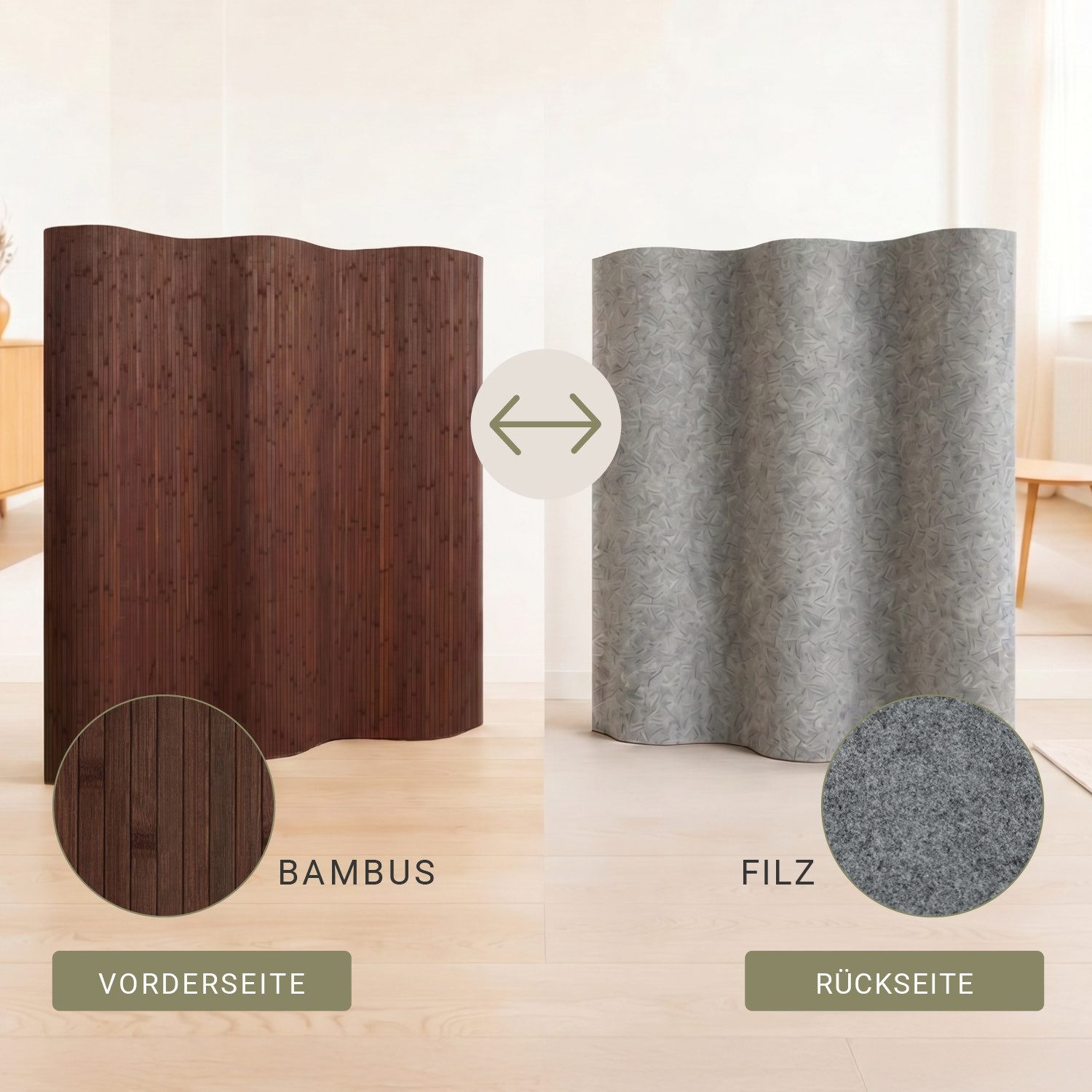 Homestyle4u Paravent Raumteiler Trennwand Bambus Sichtschutz Holz 145x200 195x200 Indoor (1 St), Walnuss, Faltwand