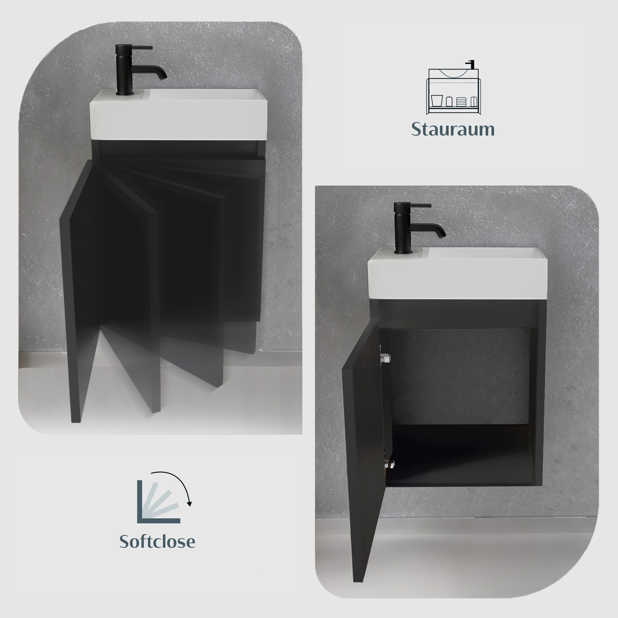 Alpenberger Badmöbel-Set Gäste WC Waschbecken mit Unterschrank - Badschrank Hängend, (2-tlg. Waschtisch Set Schwarz, Waschbeckenunterschrank mit Softclose), Was – Bild 4 von 5